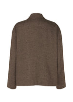 A back view of the IM MEN TEXTURES jacket, featuring brown ceramic-inspired textile, long sleeves, a collar, straight hem, and relaxed fit—evoking Shoji Kamoda’s artistry—displayed against a plain white background.