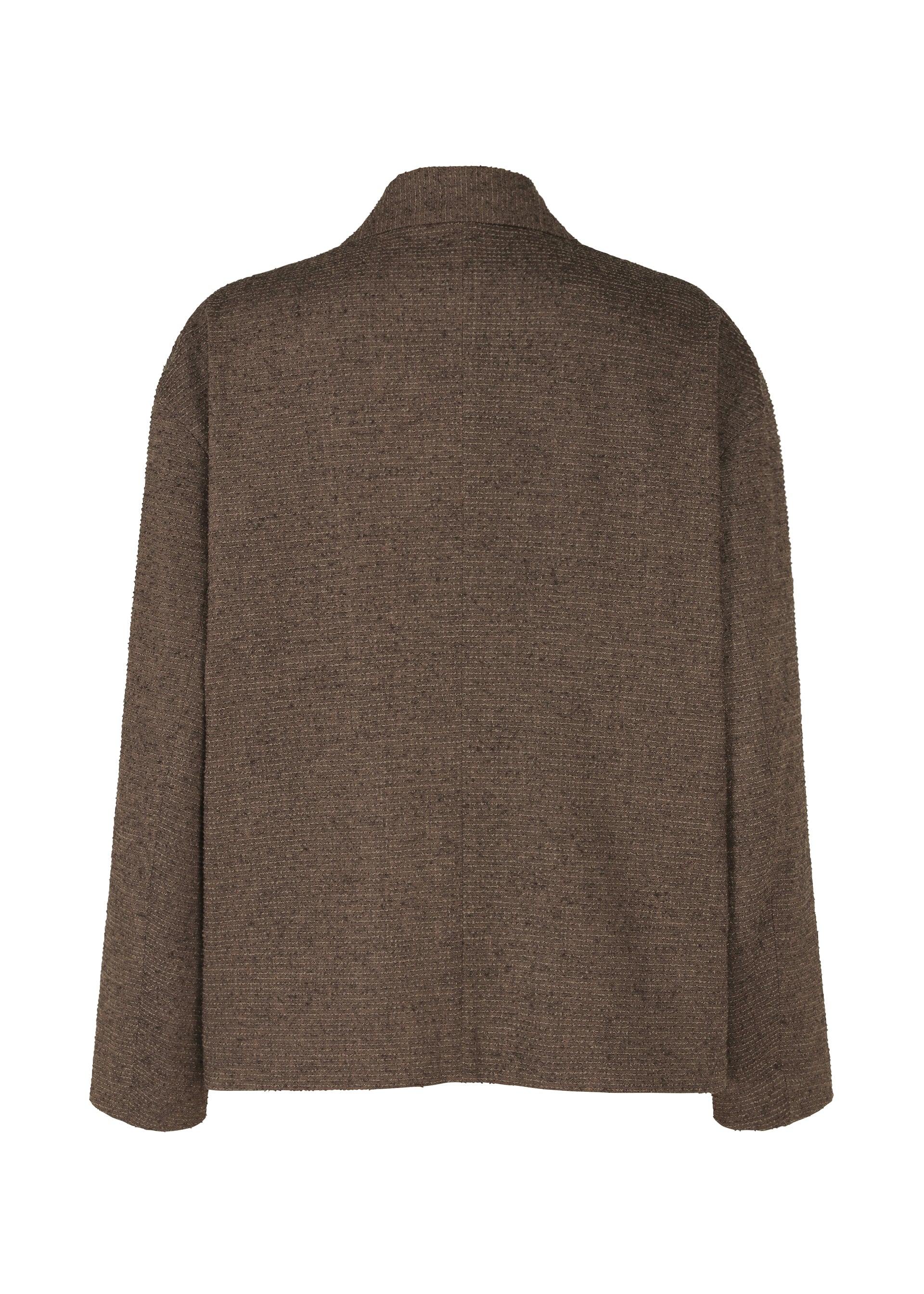 Zoomed view A back view of the IM MEN TEXTURES jacket, featuring brown ceramic-inspired textile, long sleeves, a collar, straight hem, and relaxed fit—evoking Shoji Kamoda’s artistry—displayed against a plain white background.