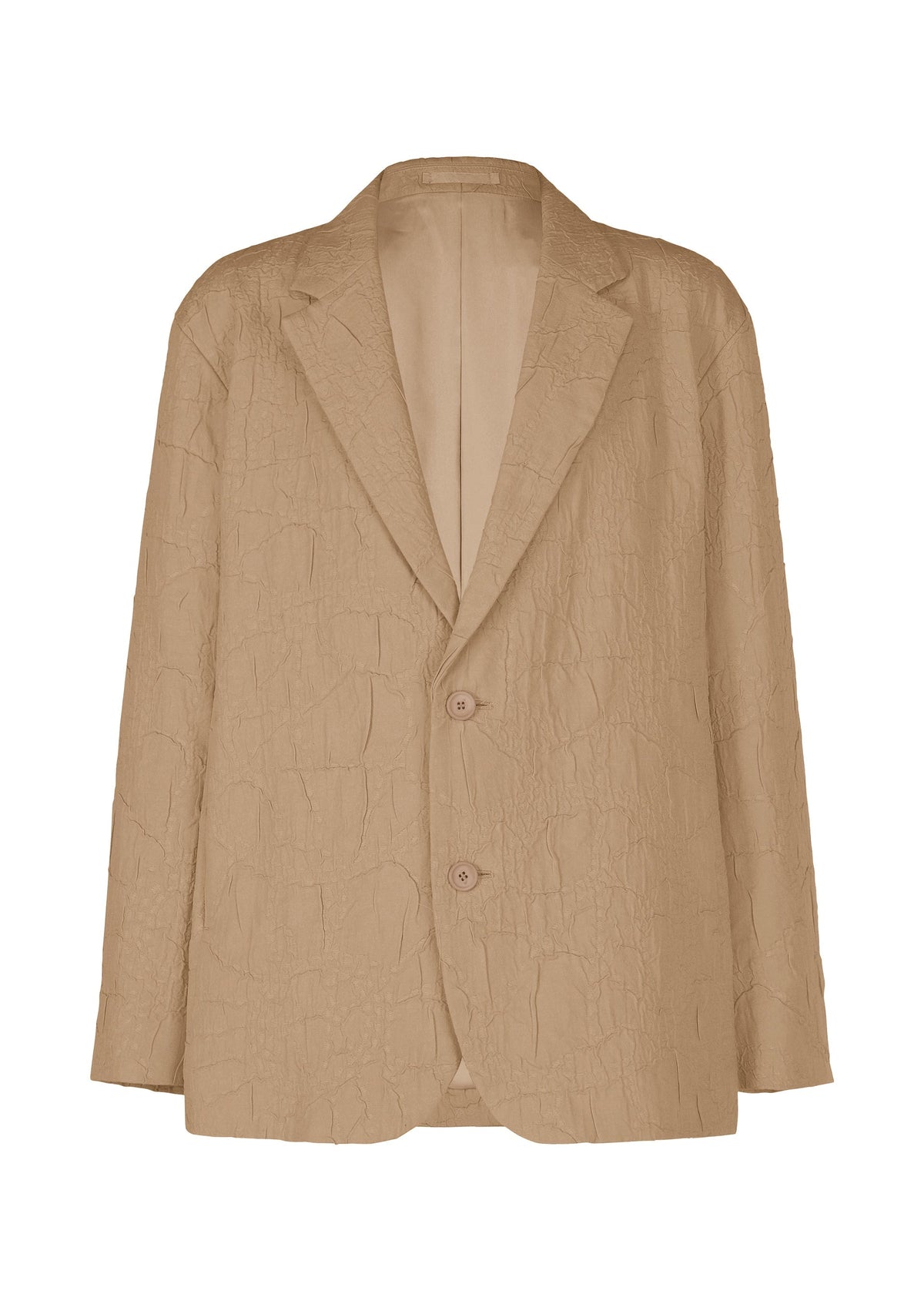 The IM MEN SHRINK JACQUARD is a tan, textured blazer with a notched lapel and two front buttons. Its crinkled wood-grain pattern, made on a computer jacquard loom, adds a modern twist to the classic relaxed-fit jacket. view 2 of 8