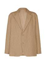 The IM MEN SHRINK JACQUARD is a tan, textured blazer with a notched lapel and two front buttons. Its crinkled wood-grain pattern, made on a computer jacquard loom, adds a modern twist to the classic relaxed-fit jacket. - BEIGE （no.41）