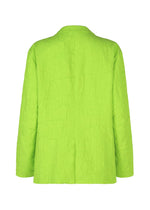 Back view of the IM MEN SHRINK JACQUARD: a long-sleeved, bright lime green jacket with a subtle wood-grain jacquard pattern and straight hem.