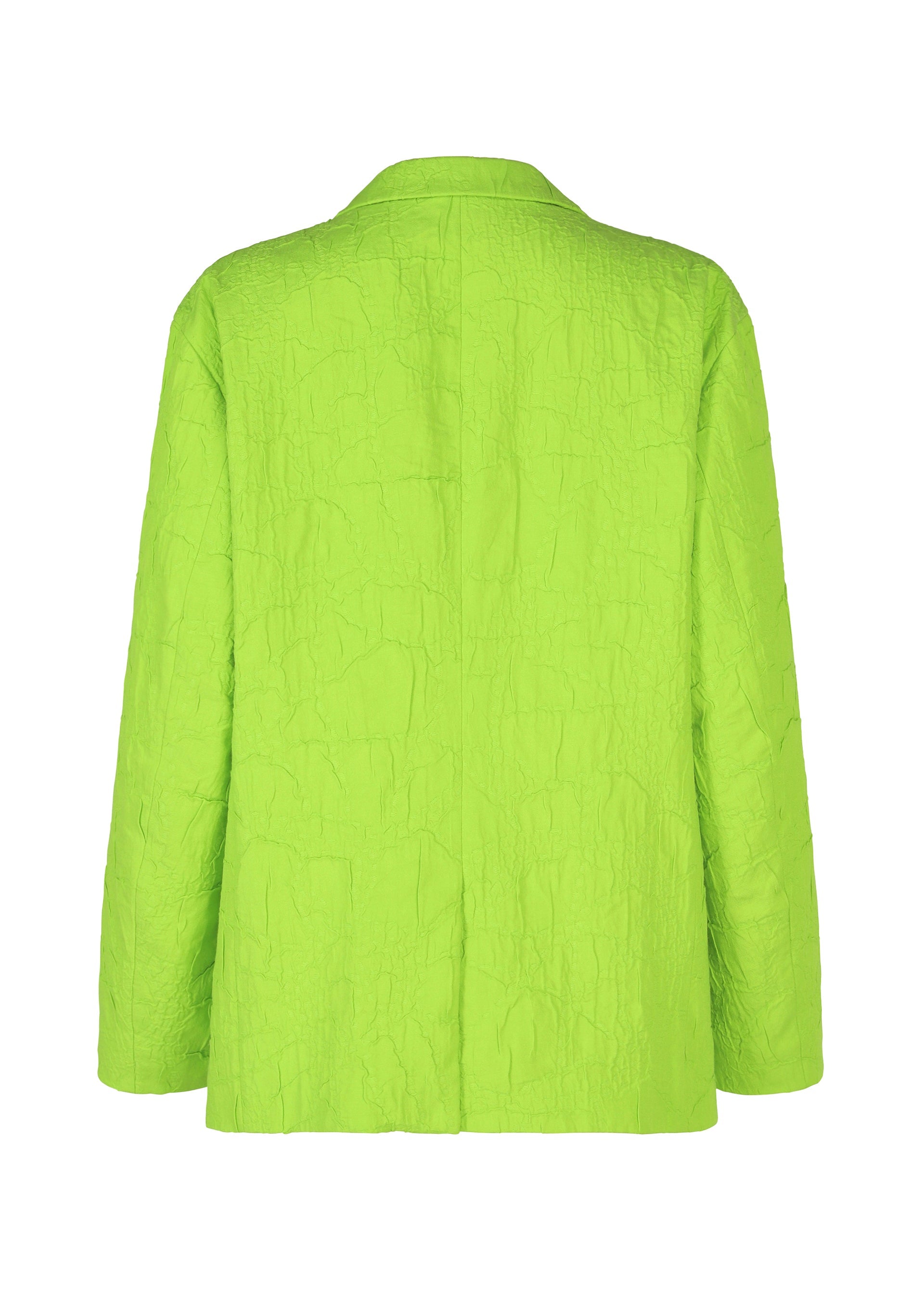 Zoomed view Back view of the IM MEN SHRINK JACQUARD: a long-sleeved, bright lime green jacket with a subtle wood-grain jacquard pattern and straight hem.