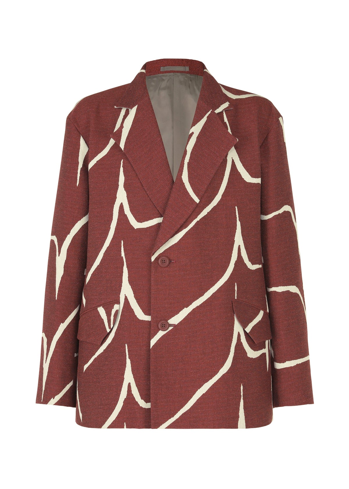 The IM MEN EARTH blazer is maroon with a loose fit, cream jacquard wave pattern, wide lapels, light gray lining, two front buttons, and two pockets. view 2 of 9