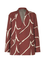 The IM MEN EARTH blazer is maroon with a loose fit, cream jacquard wave pattern, wide lapels, light gray lining, two front buttons, and two pockets. - RED （no.24）