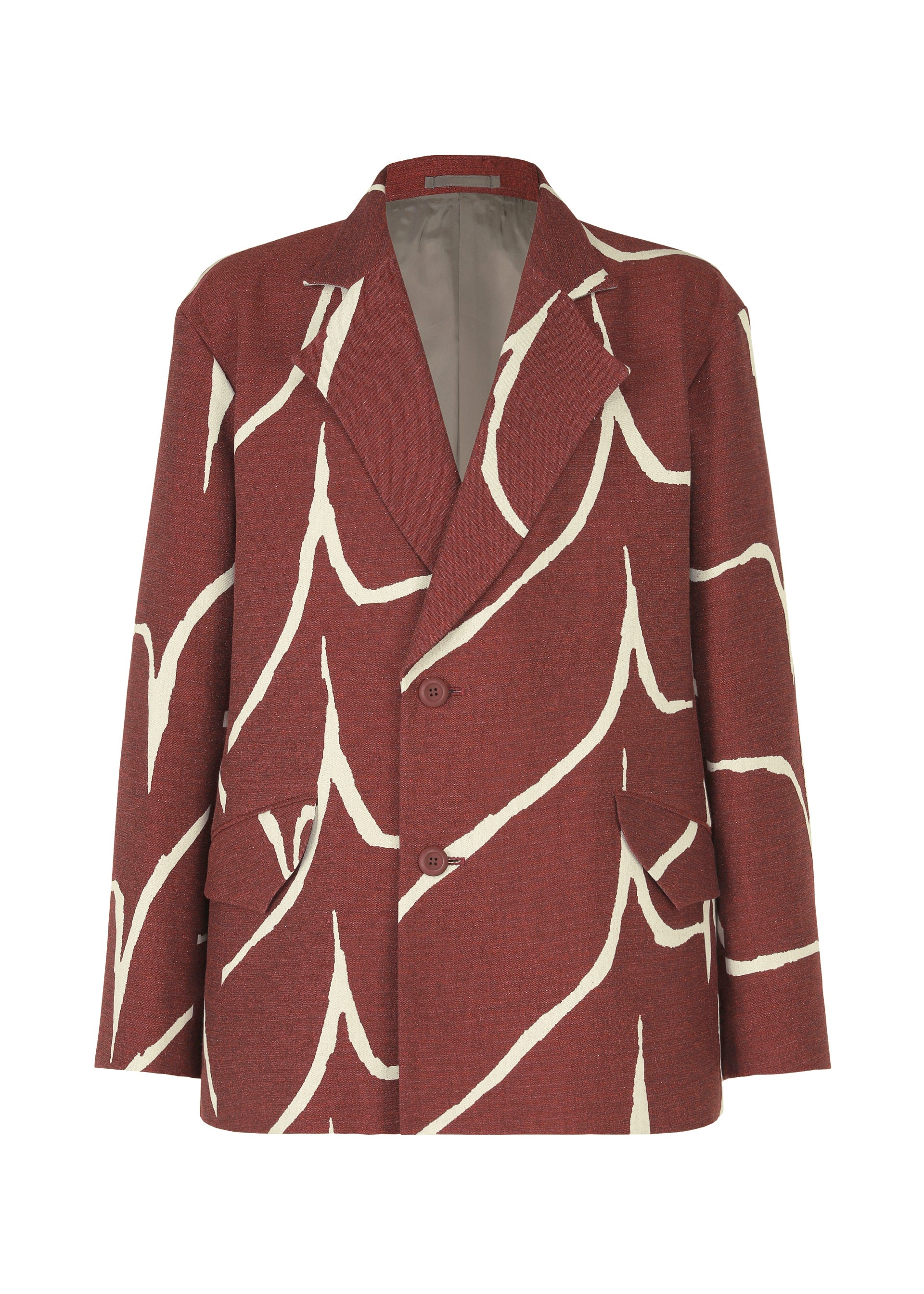 Zoomed view The IM MEN EARTH blazer is maroon with a loose fit, cream jacquard wave pattern, wide lapels, light gray lining, two front buttons, and two pockets. - RED （no.24）