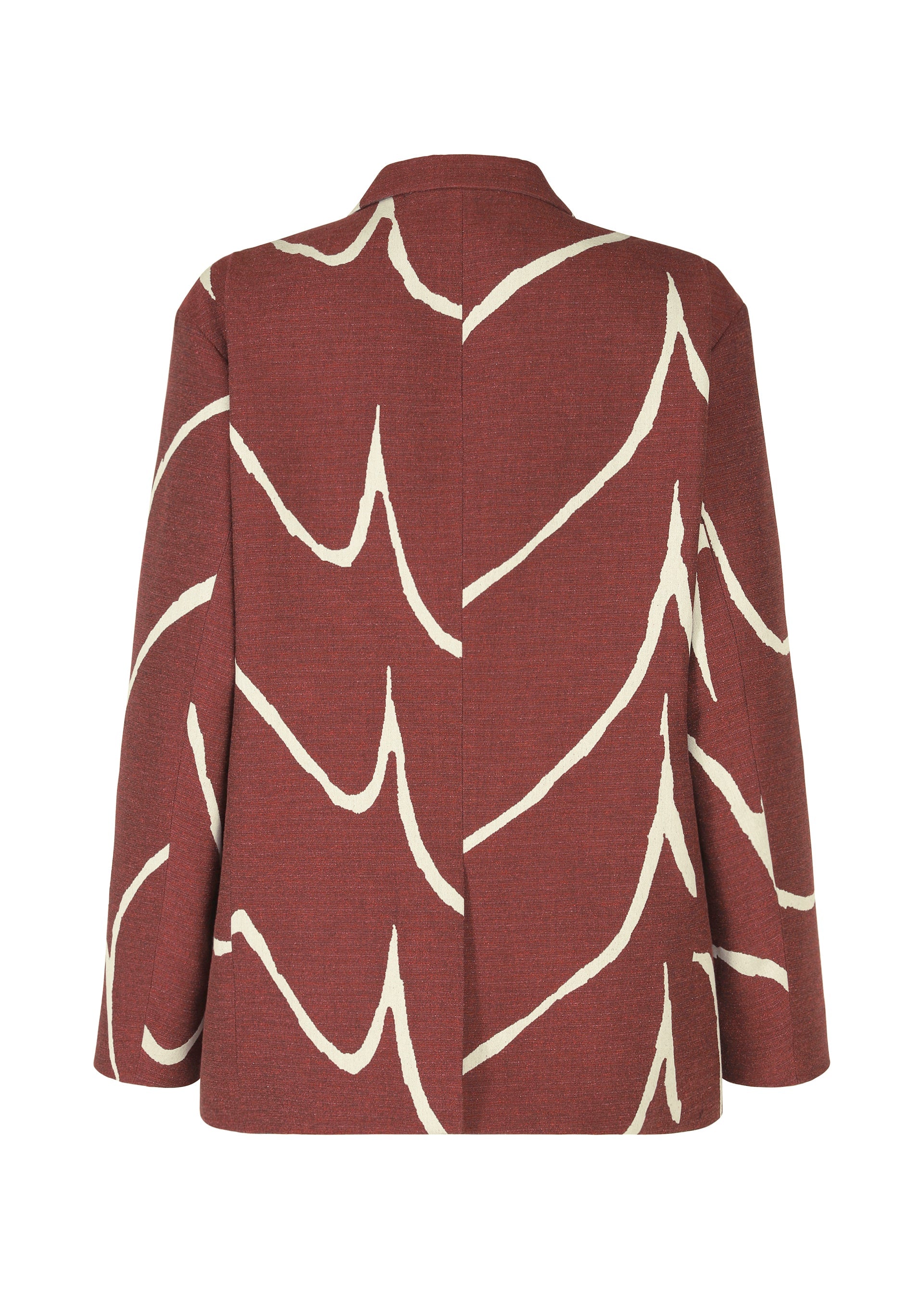 Zoomed view The EARTH jacket by IM MEN is maroon and tailored with a straight cut, showcasing an abstract cream jacquard wave pattern on the back and sleeves. Displayed flat, it has a clean look with no buttons or embellishments visible.