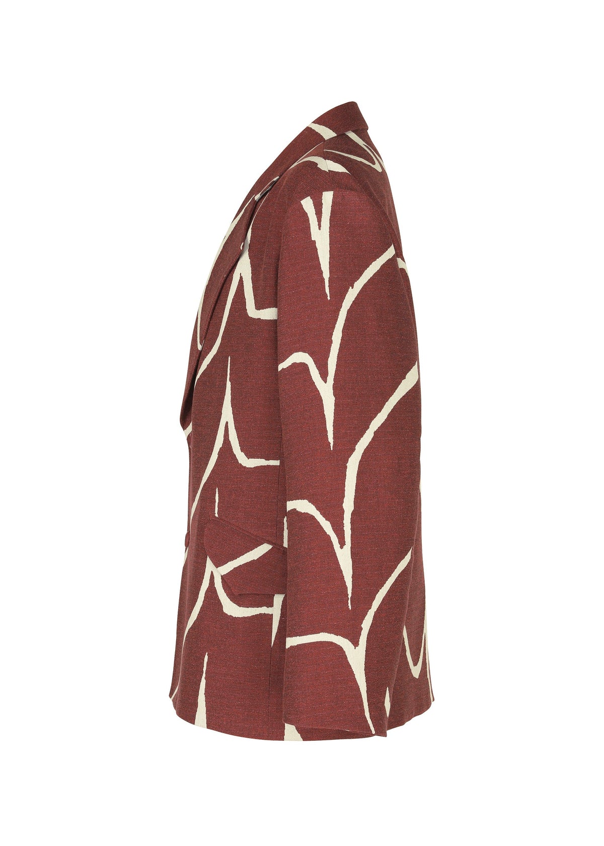 Side view of the IM MEN "EARTH" tailored jacket in maroon, featuring a white abstract branch-like pattern, displayed against a white background. view 4 of 9