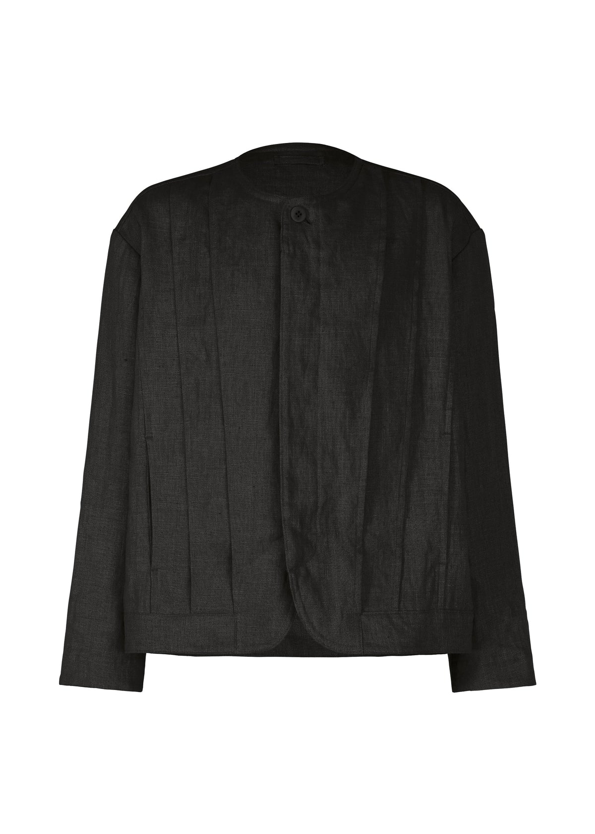 The IM MEN TOUGH LINEN is a black, long-sleeved collarless jacket with a single button at the neckline and vertical front seams, highlighting its natural texture against a white background. view 1 of 9
