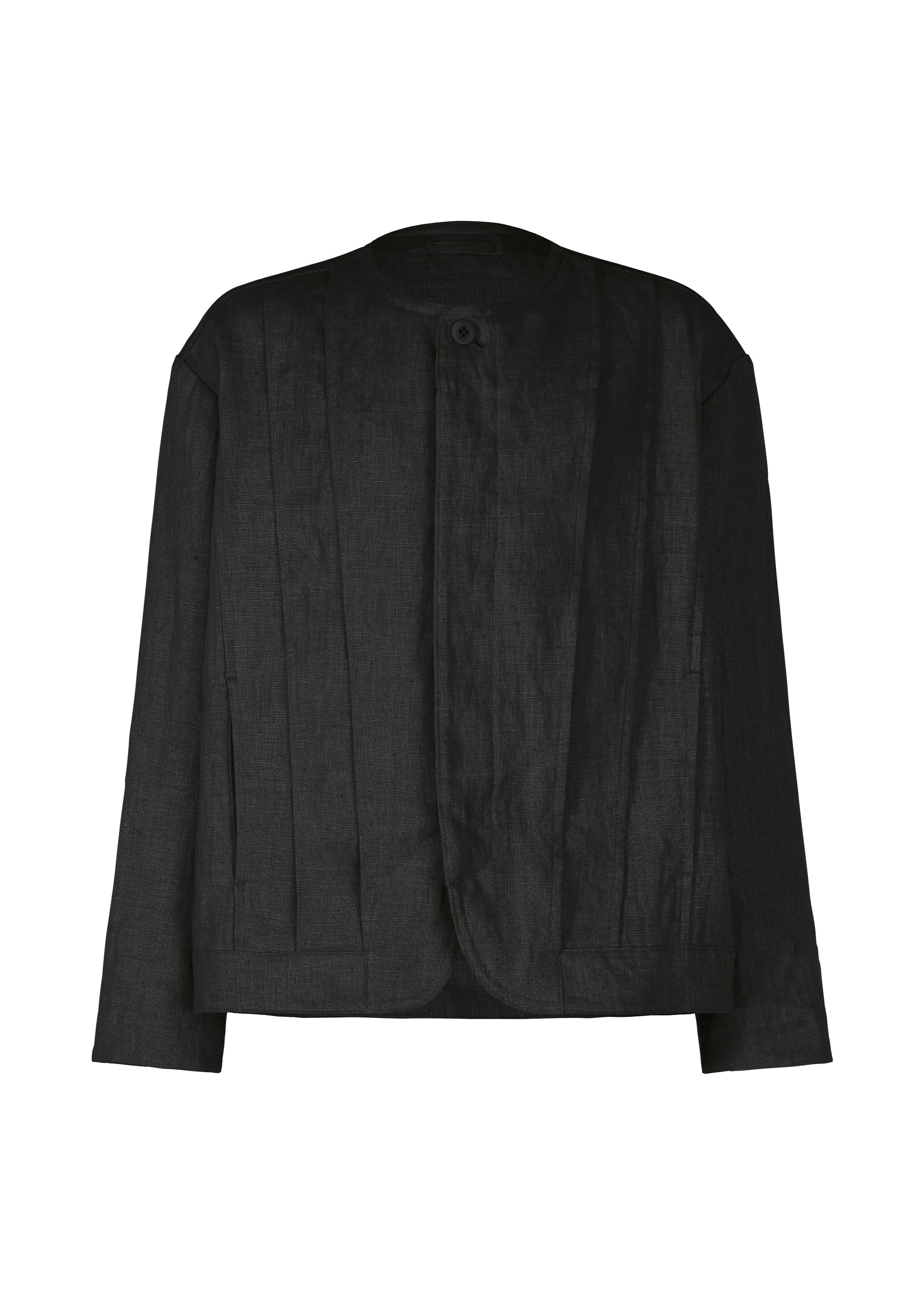 Zoomed view The IM MEN TOUGH LINEN is a black, long-sleeved collarless jacket with a single button at the neckline and vertical front seams, highlighting its natural texture against a white background. - BLACK （no.15）
