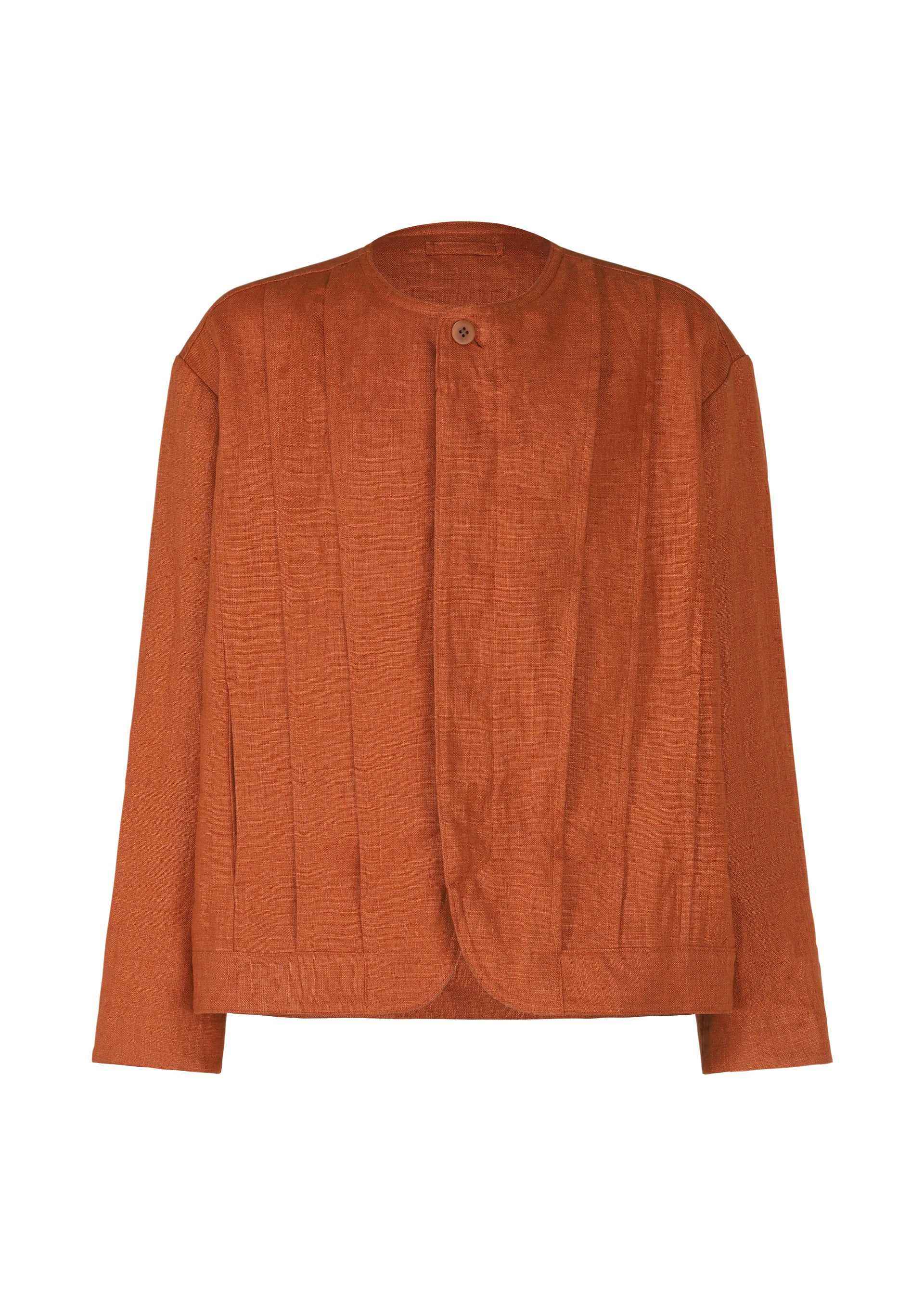Zoomed view The TOUGH LINEN jacket by IM MEN features a rust hue, collarless long sleeves, single top button closure, minimal vertical seams, and natural linen texture for understated elegance. - TERRACOTTA （no.27）