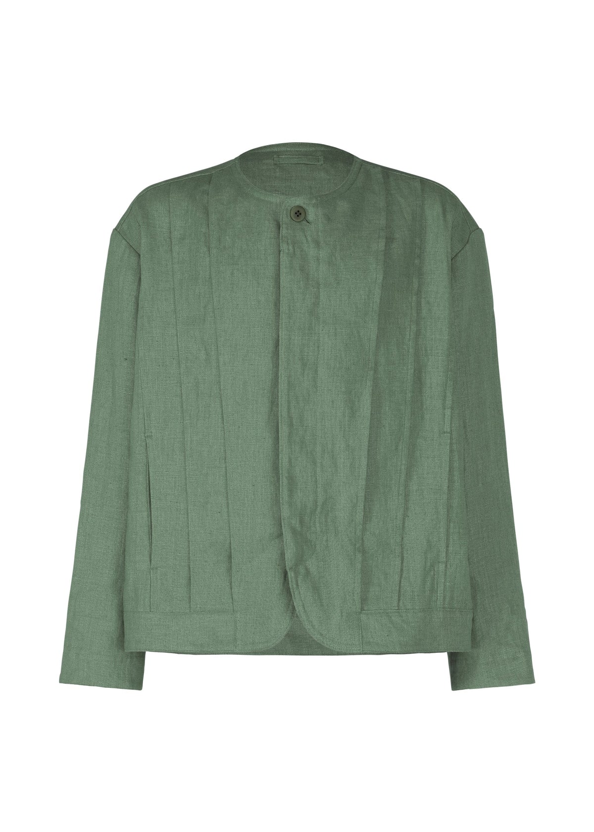 The TOUGH LINEN jacket by IM MEN in sage green features a collarless, long-sleeve linen design with a round neckline, single top button closure, and subtle vertical seams accentuating its natural texture. view 3 of 9