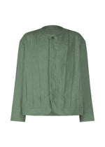 The TOUGH LINEN jacket by IM MEN in sage green features a collarless, long-sleeve linen design with a round neckline, single top button closure, and subtle vertical seams accentuating its natural texture. - DARK GREEN （no.63）