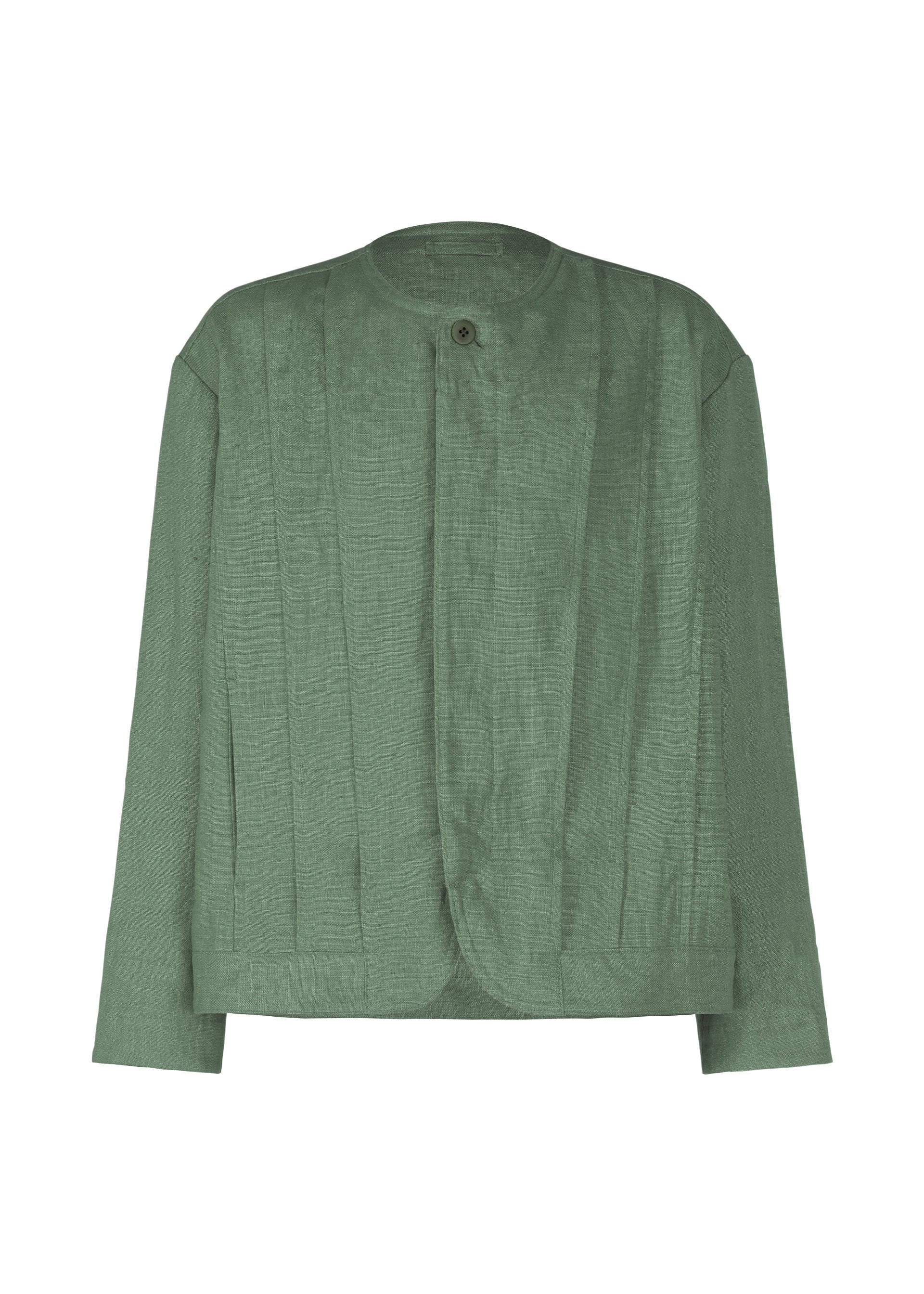 Zoomed view The TOUGH LINEN jacket by IM MEN in sage green features a collarless, long-sleeve linen design with a round neckline, single top button closure, and subtle vertical seams accentuating its natural texture. - DARK GREEN （no.63）