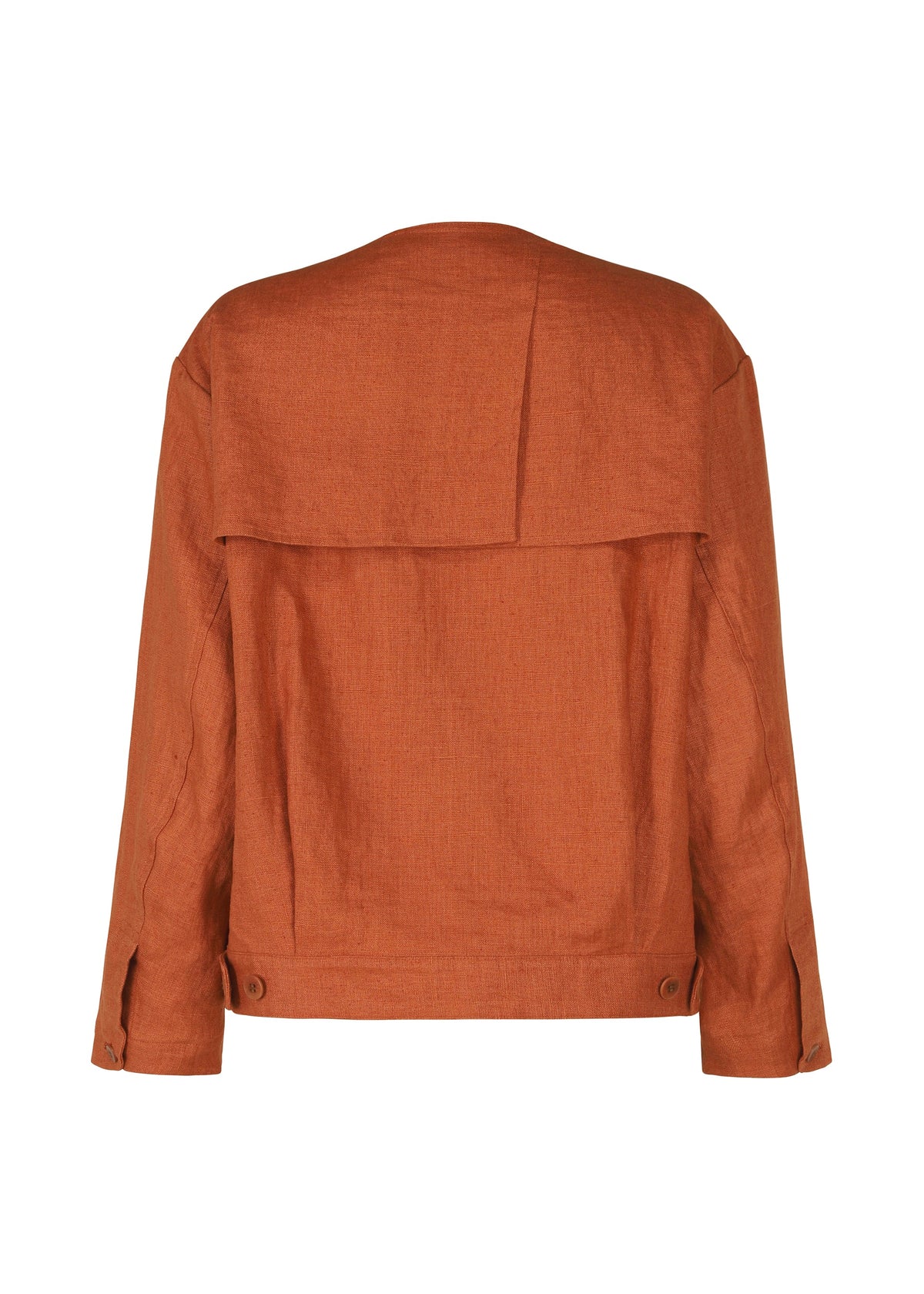 Back view of the IM MEN TOUGH LINEN jacket in rust, featuring a collarless design, long sleeves, straight hem, structured shoulders, side button details, and a naturally textured fabric for an elevated style. view 4 of 9