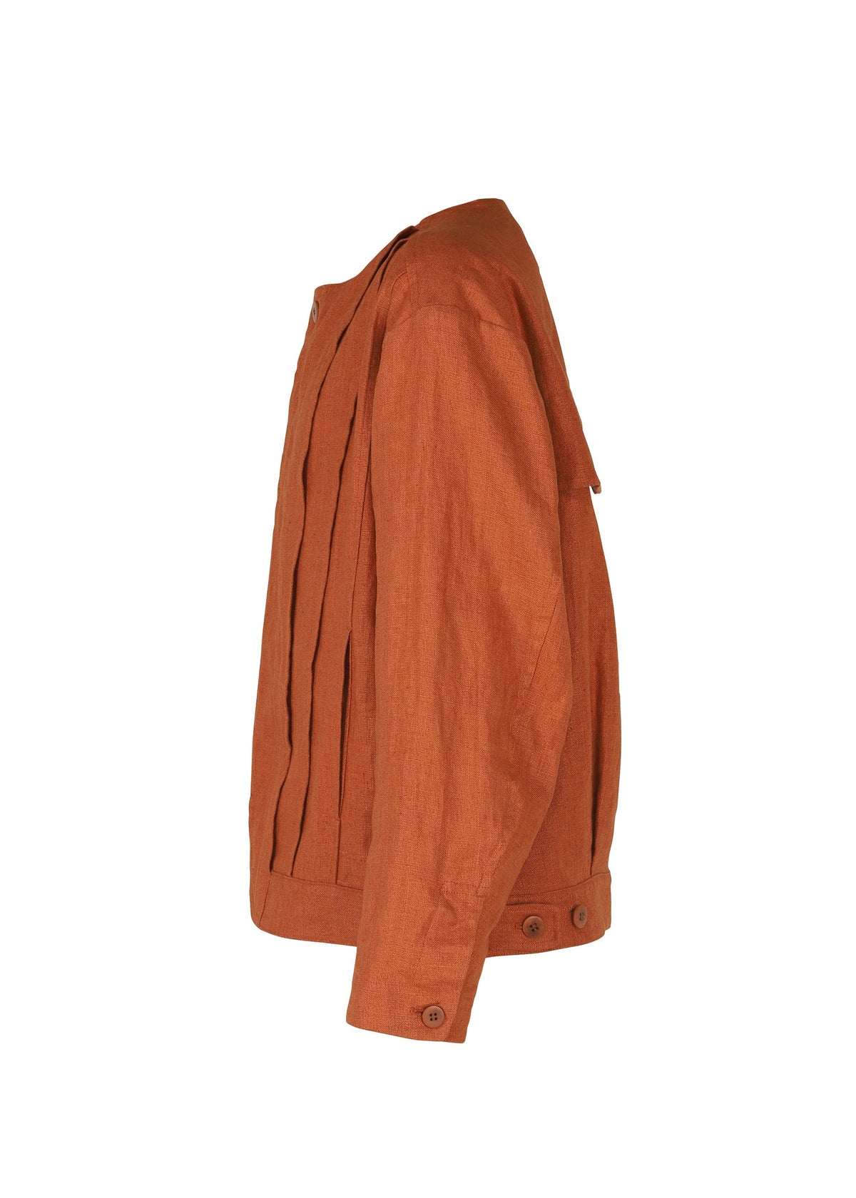 Side view of the IM MEN TOUGH LINEN jacket in rust, featuring a collarless design, front pleats, button cuffs, and waistband. The linen’s natural texture stands out against a white background. view 5 of 9