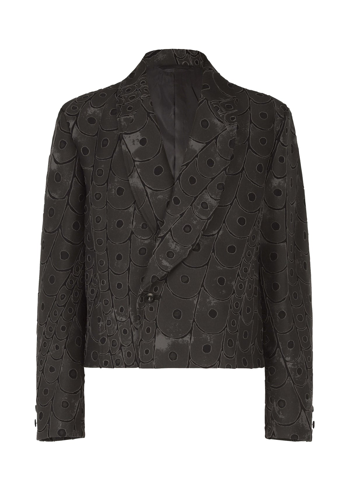 The UROKOMON by IM MEN is a black double-breasted short jacket with a satin finish, featuring abstract circular and linear patterns inspired by Shoji Kamoda’s signature scale-like designs. view 1 of 8