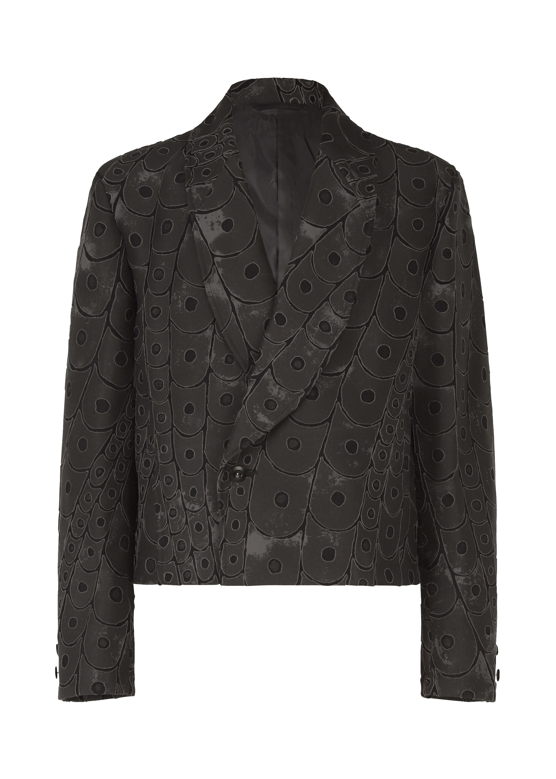 Zoomed view The UROKOMON by IM MEN is a black double-breasted short jacket with a satin finish, featuring abstract circular and linear patterns inspired by Shoji Kamoda’s signature scale-like designs. - BLACK （no.15）