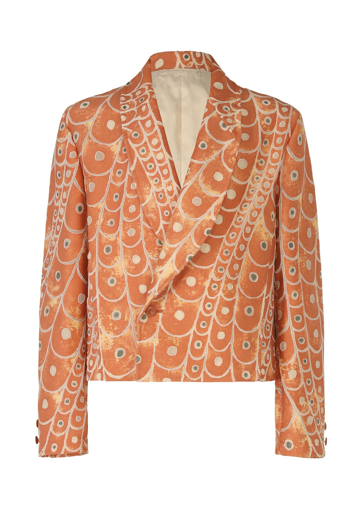 The IM MEN UROKOMON is a cropped orange short jacket with a bold, scale-inspired design, double-breasted front, peak lapels, and buttoned cuffs. view 2 of 8