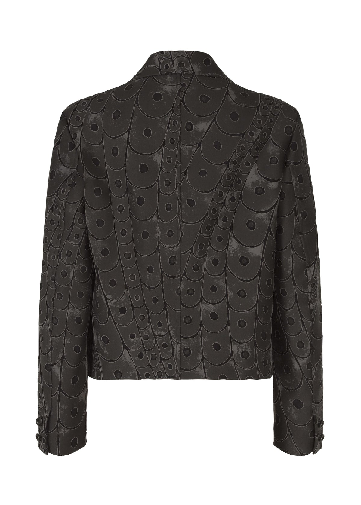 Back view of the IM MEN UROKOMON black short jacket, featuring a subtle circular and curved line pattern inspired by Shoji Kamoda, with buttoned sleeve cuffs. view 3 of 8