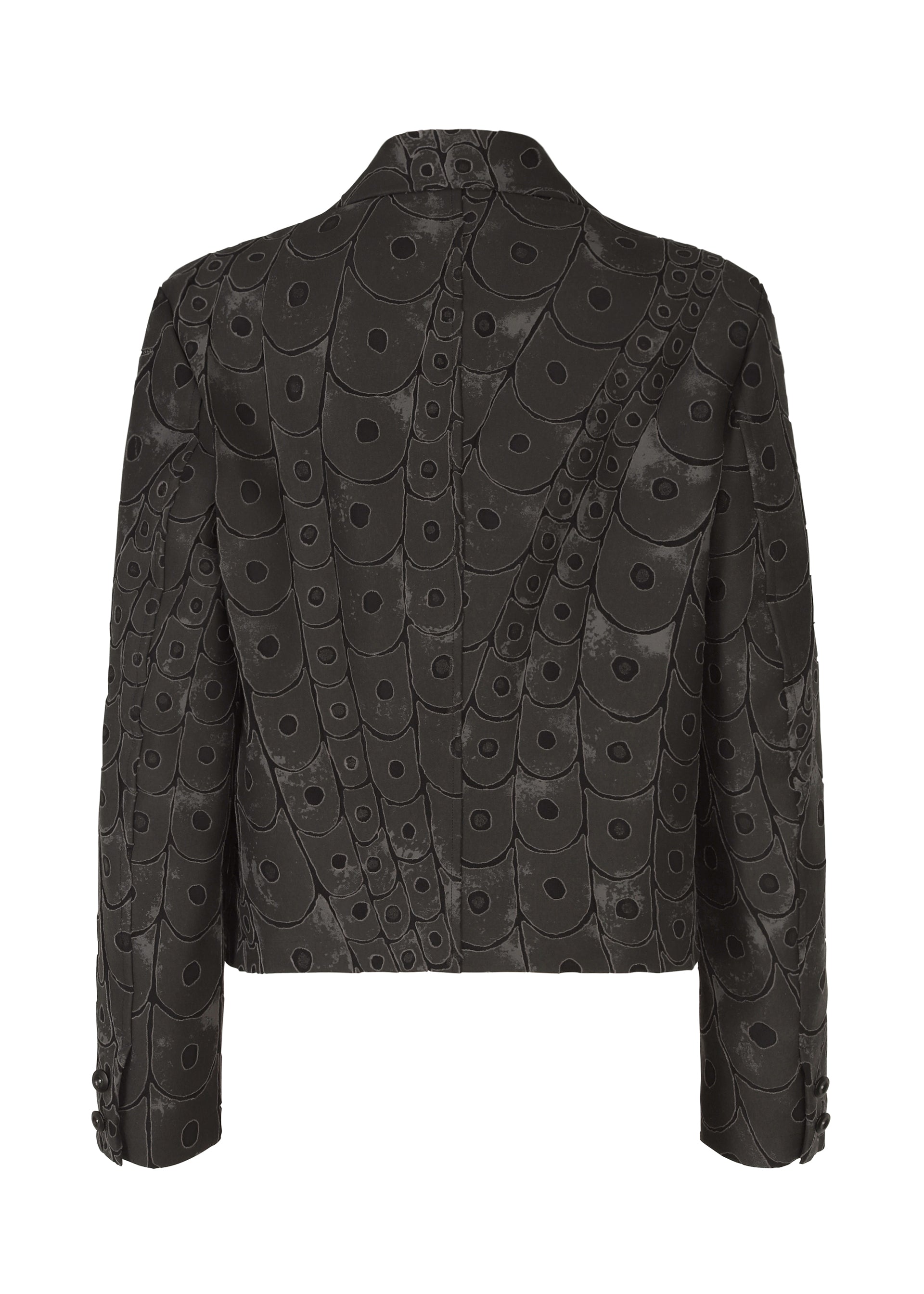 Zoomed view Back view of the IM MEN UROKOMON black short jacket, featuring a subtle circular and curved line pattern inspired by Shoji Kamoda, with buttoned sleeve cuffs.