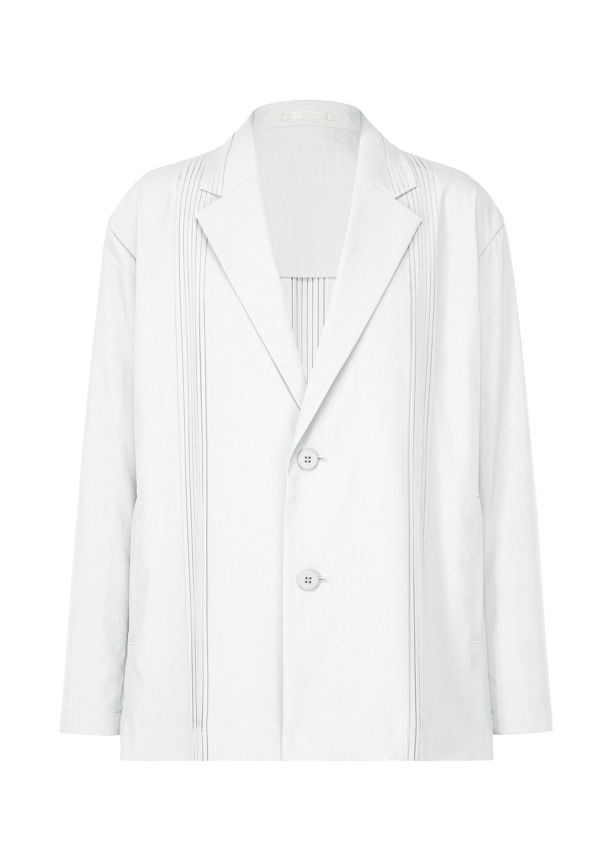The IM MEN AIR PLEATS is an oversized white tailored jacket featuring a notched lapel, two buttons, vertical pleats on the front, and long sleeves. Made from lightweight, wrinkle-resistant fabric with a subtle texture. view 1 of 5