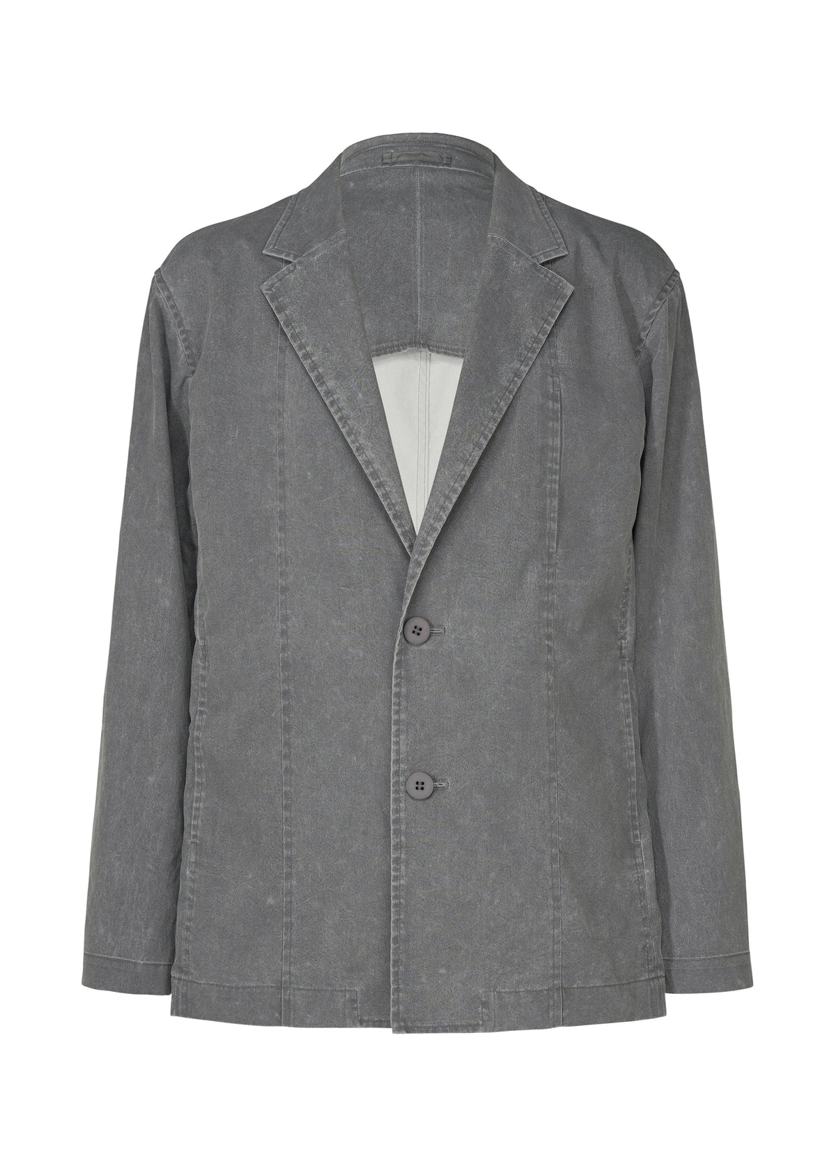 The IM MEN AIR WASH is a gray casual blazer with a notched lapel collar, two buttons, visible stitching, and long sleeves. Made from plant-derived polyester, this lightweight jacket offers a relaxed, lived-in look. view 1 of 8