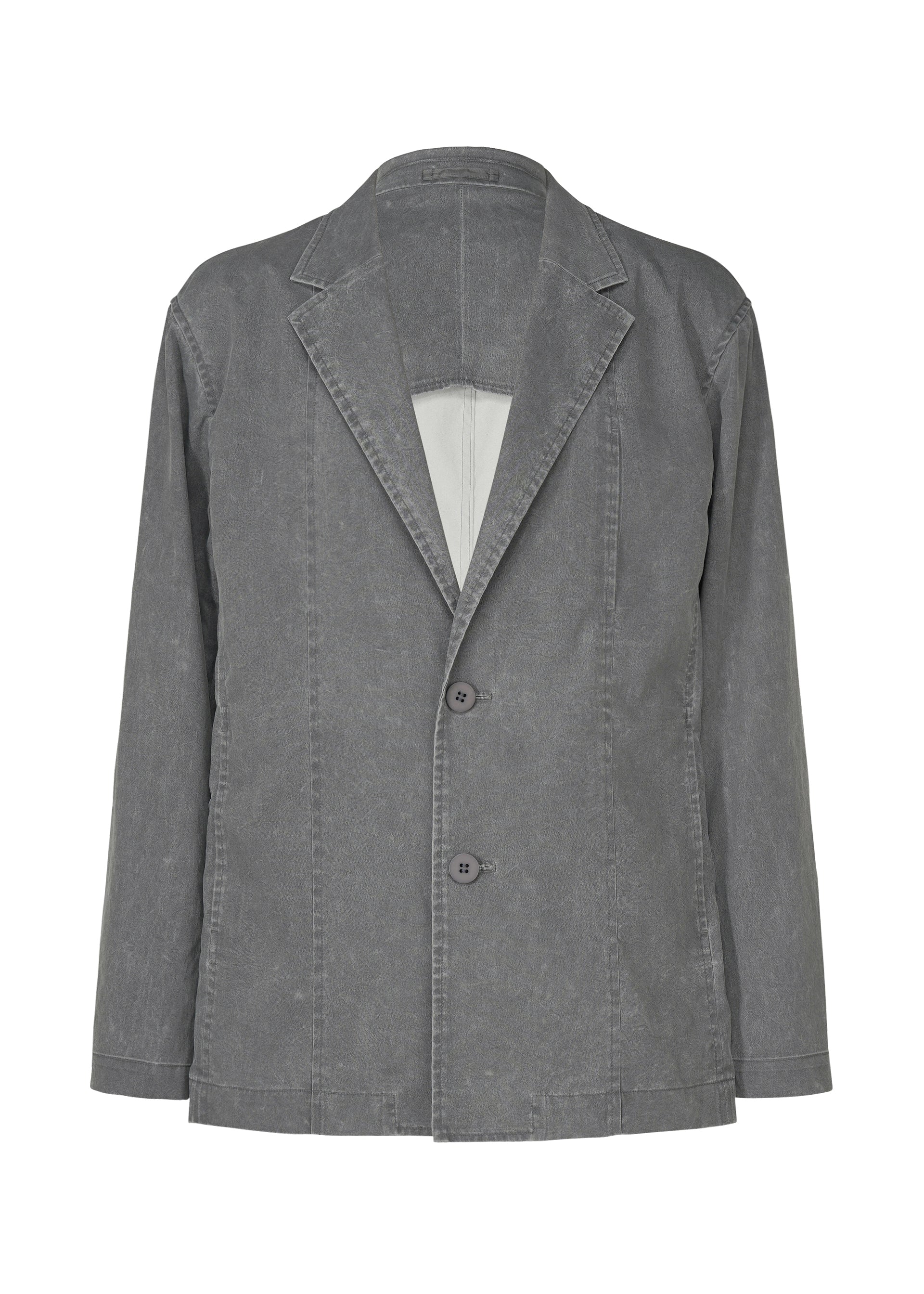 Zoomed view The IM MEN AIR WASH is a gray casual blazer with a notched lapel collar, two buttons, visible stitching, and long sleeves. Made from plant-derived polyester, this lightweight jacket offers a relaxed, lived-in look. - GRAY （no.12）