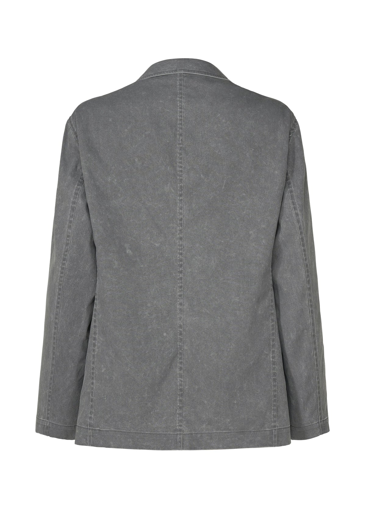 Back view of the IM MEN AIR WASH: a plain, long-sleeve, grey lightweight jacket made from plant-derived polyester with a collar, visible center and side seams. This relaxed-fit jacket has no patterns or embellishments. view 3 of 8