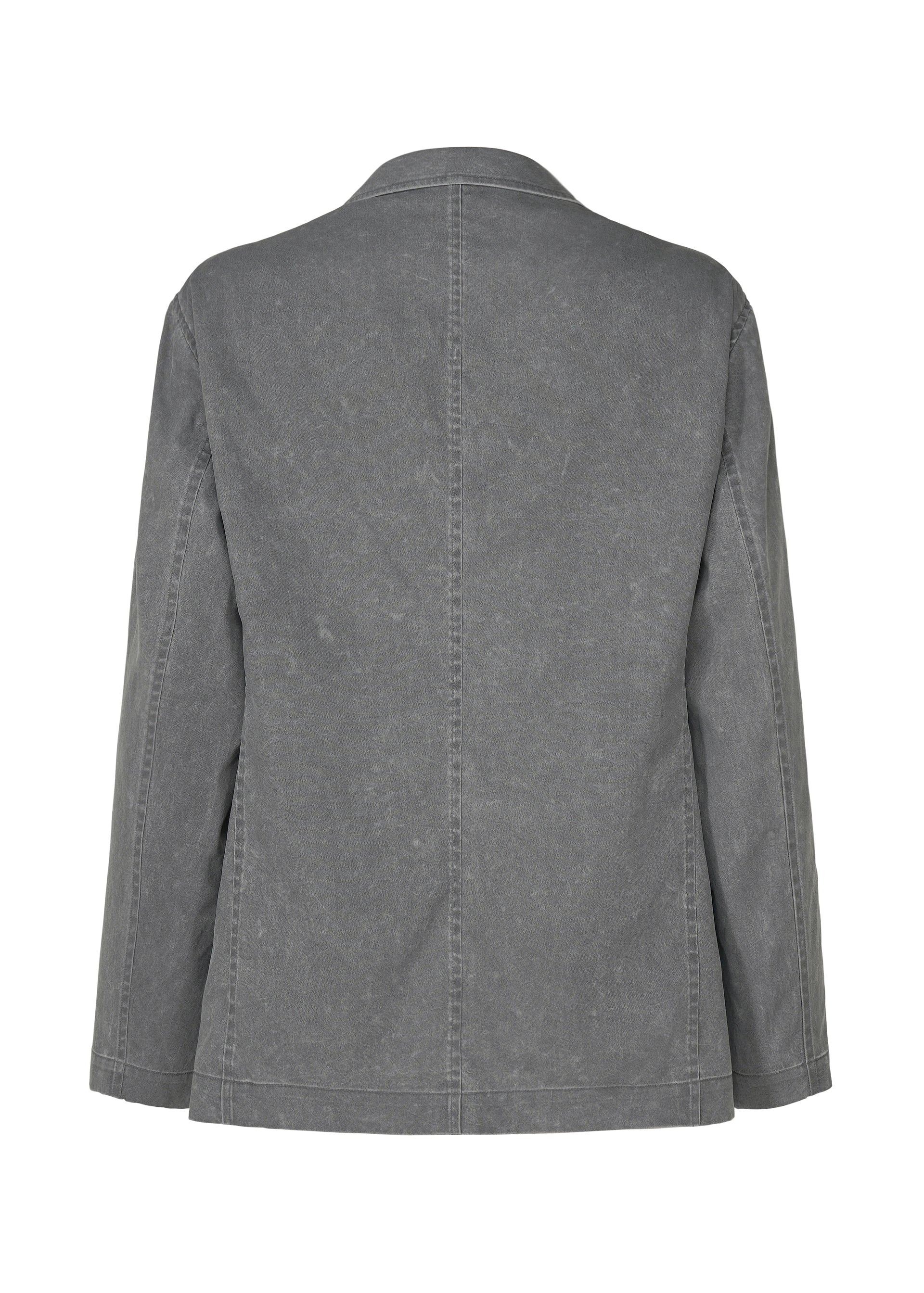 Zoomed view Back view of the IM MEN AIR WASH: a plain, long-sleeve, grey lightweight jacket made from plant-derived polyester with a collar, visible center and side seams. This relaxed-fit jacket has no patterns or embellishments.