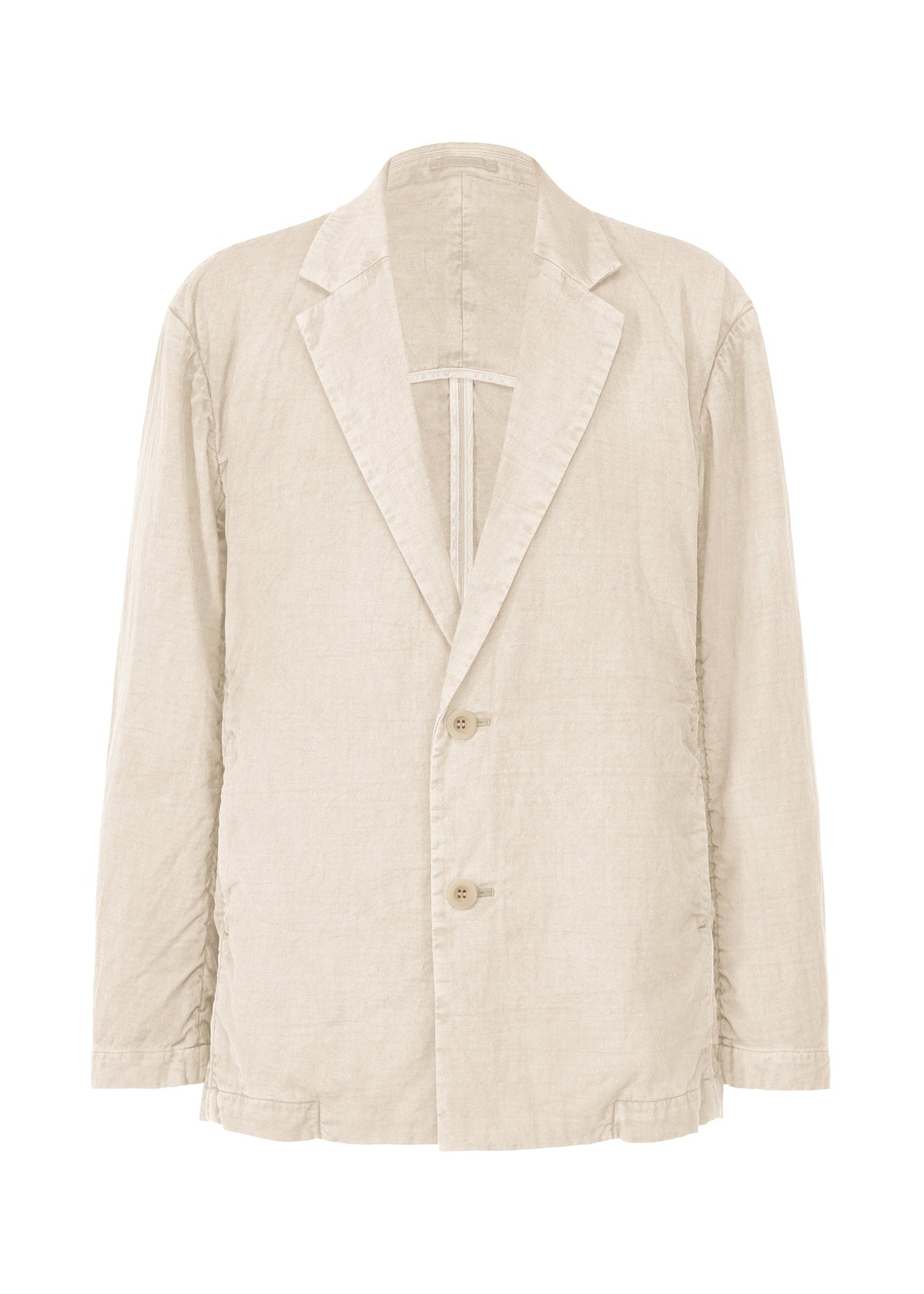 The IM MEN PIGMENT DOUBLE FACE COTTON blazer in light beige features a notched lapel, two front buttons, and long sleeves. Made from double-face cotton for a relaxed fit and minimalist style, it's showcased against a plain white background. view 2 of 8