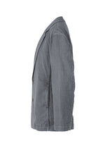 The IM MEN PIGMENT DOUBLE FACE COTTON blazer is displayed in side profile against a white background, featuring a gray wash, notch lapel, long sleeves, front buttons, and a soft texture for a relaxed look.