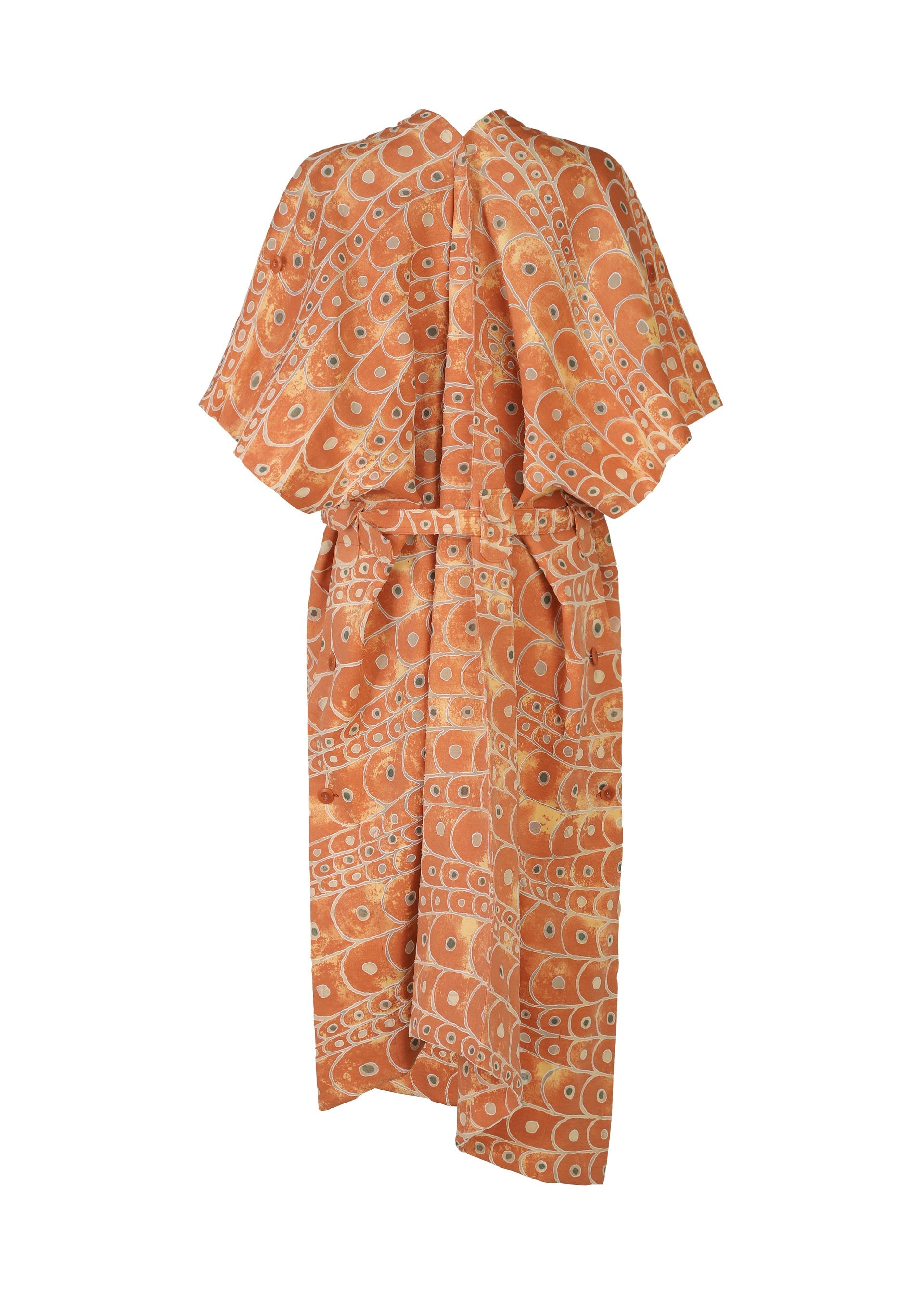 Zoomed view The IM MEN UROKOMON is a long orange kimono robe with a beige and white circular geometric pattern, short wide sleeves, and a matching belt at the waist, displayed on a white background.