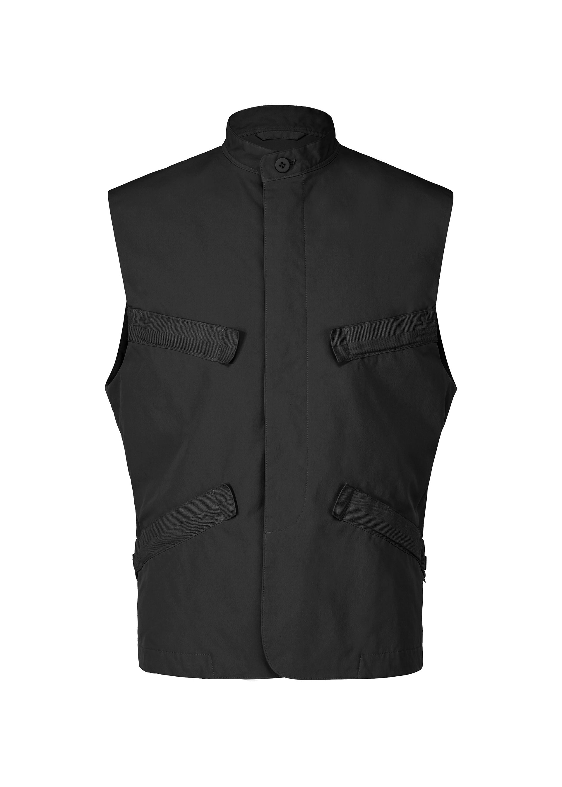 Zoomed view IM MEN's RESILIENCE is a black lightweight vest with a high collar, front button closure, and four diagonal flap pockets—perfect for everyday wear—shown against a white background. - BLACK (no.15)