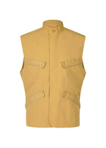 The IM MEN RESILIENCE vest is a sleeveless, tan, lightweight piece featuring a stand-up collar, front button closure, and four flap pockets—ideal for everyday wear. Displayed on a plain white background. - MUSTARD (no.55)