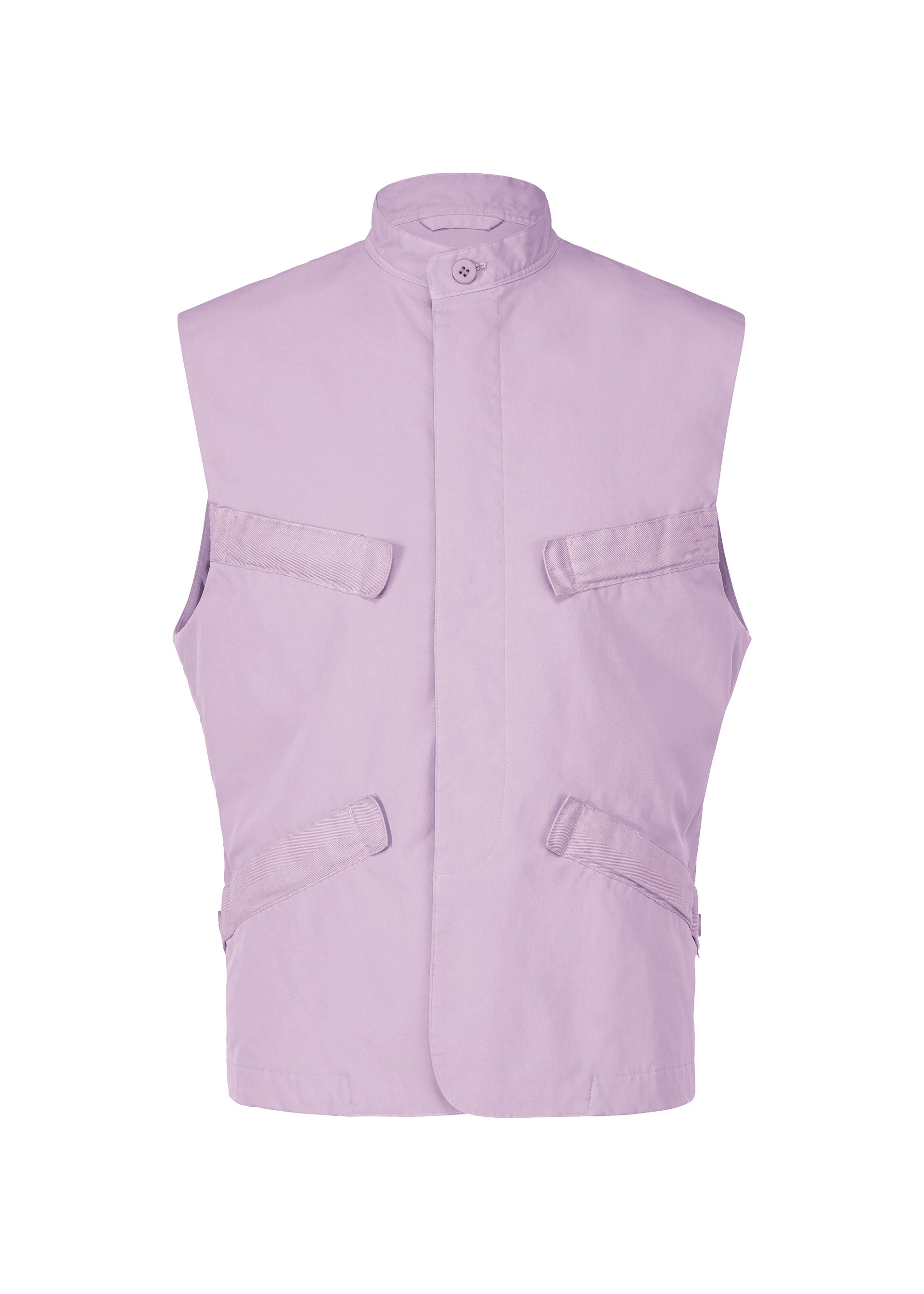 Zoomed view The IM MEN RESILIENCE vest is sleeveless, light purple, and lightweight with a high collar, front button closure, and four flap pockets—two on the chest and two at the waist—ideal for everyday wear, shown against a white background. - LAVENDER (no.83)