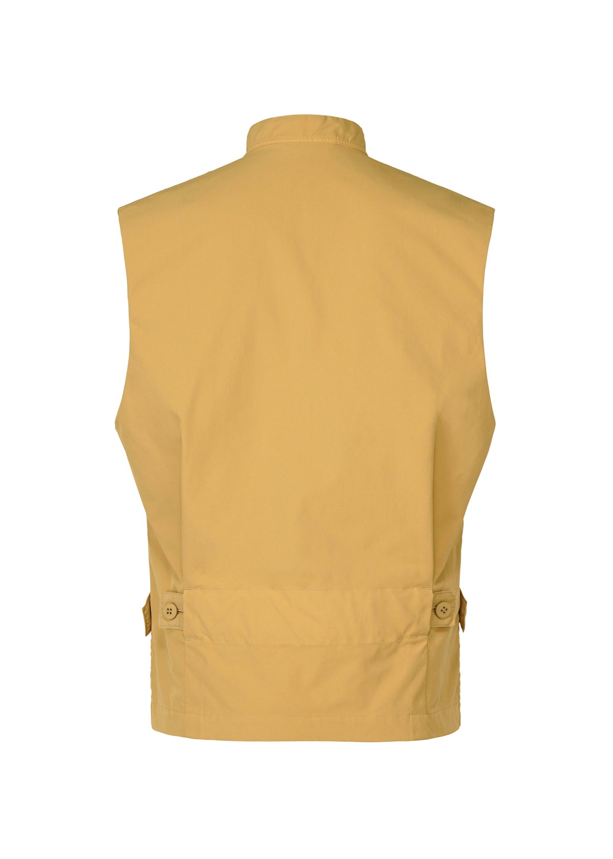 Back view of the RESILIENCE vest by IM MEN—a sleeveless, lightweight light brown piece with a high collar and buttoned side adjusters at the waist, ideal for everyday wear. view 4 of 9