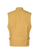Back view of the RESILIENCE vest by IM MEN—a sleeveless, lightweight light brown piece with a high collar and buttoned side adjusters at the waist, ideal for everyday wear.