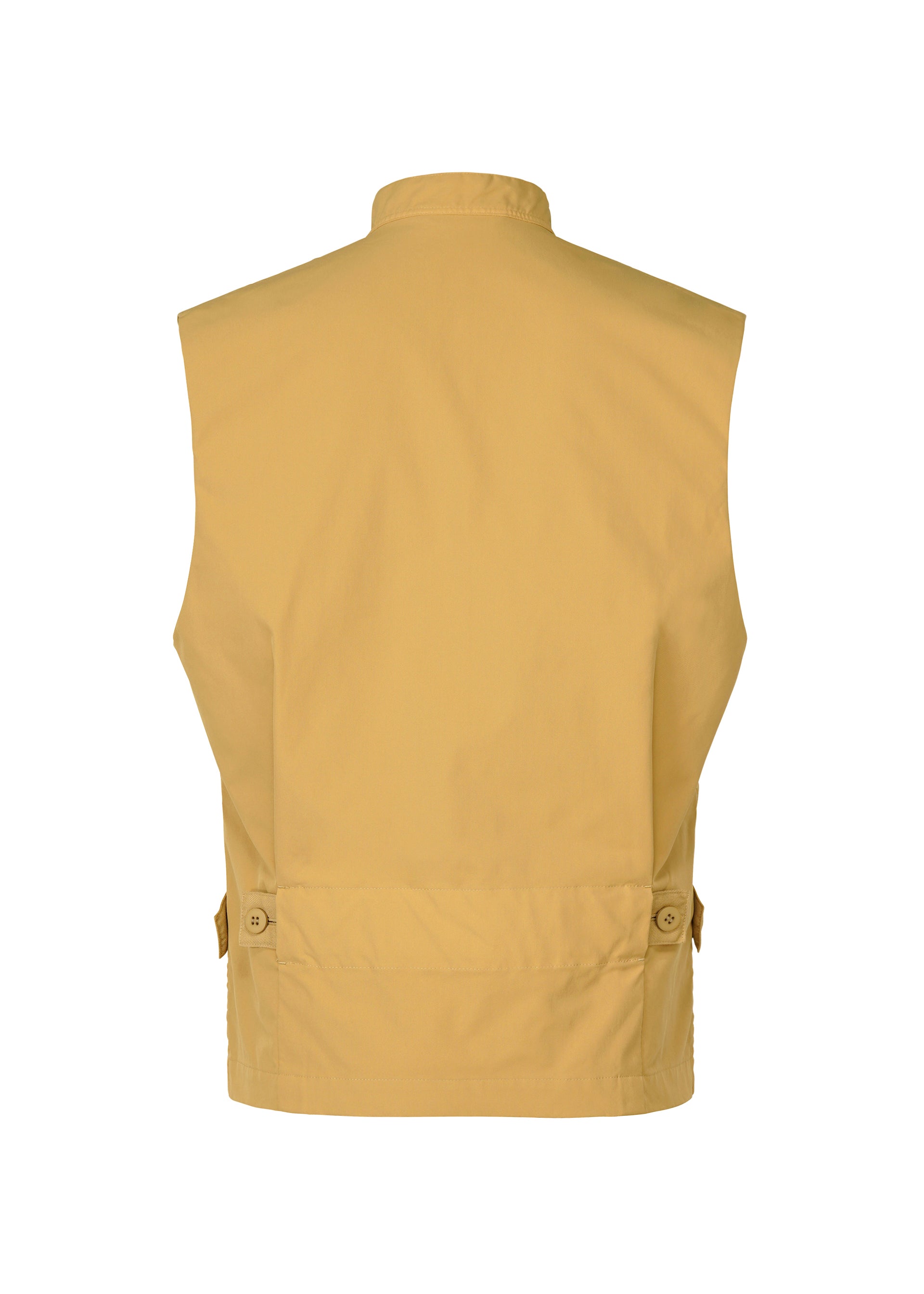 Zoomed view Back view of the RESILIENCE vest by IM MEN—a sleeveless, lightweight light brown piece with a high collar and buttoned side adjusters at the waist, ideal for everyday wear.
