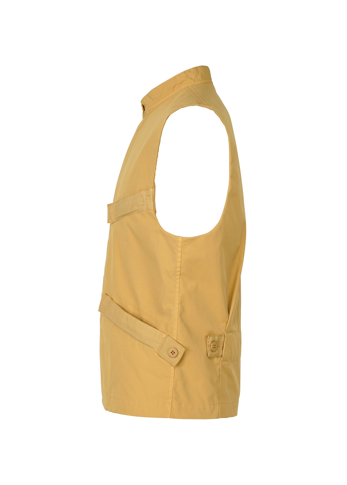 The IM MEN RESILIENCE vest is sleeveless and lightweight, featuring buttoned straps and a standing collar in light tan—ideal for daily wear—shown from the side against a plain white background. view 5 of 9