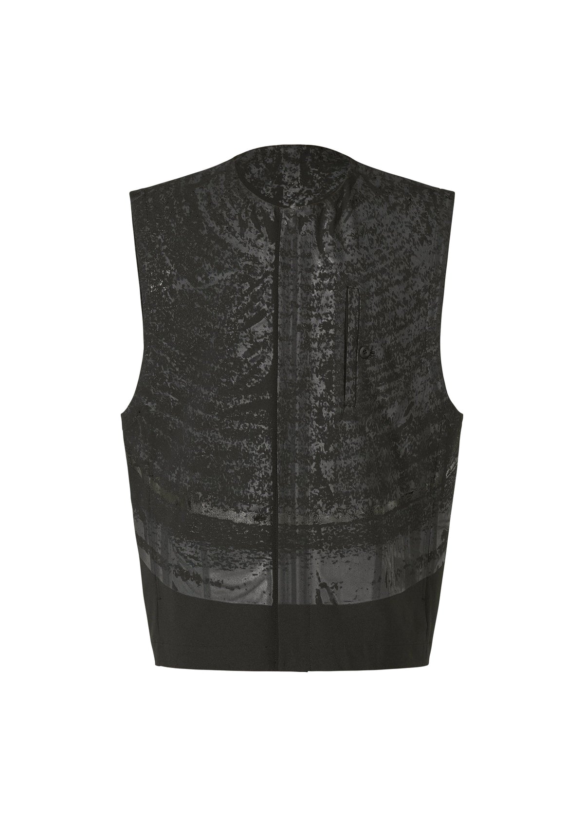 The KAIYU by IM MEN is a sleeveless black ceramic artist vest with a glossy, textured finish, hidden front zipper, and subtle left chest pocket. Its modern, minimalist design is shown against a white background. view 1 of 8