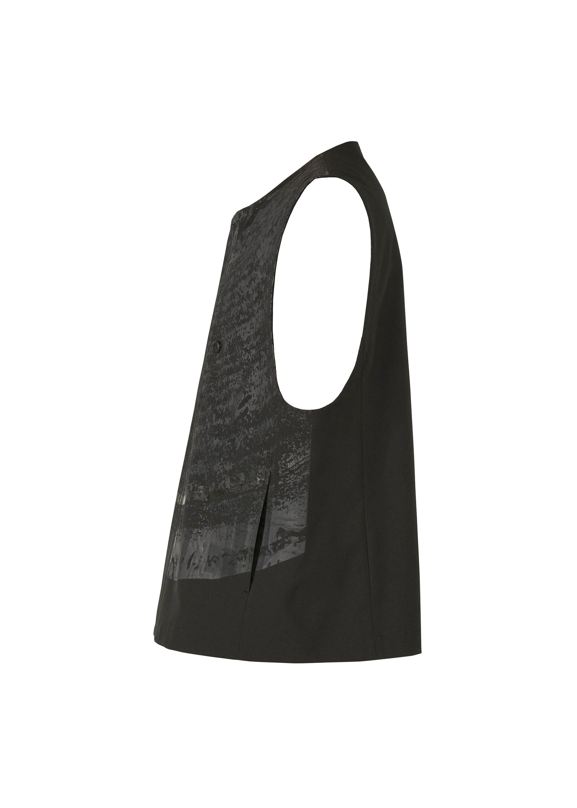 Zoomed view The IM MEN KAIYU vest is sleeveless and black, with a glossy, textured ash glaze pattern on the front panel, a loose boxy silhouette, and shown from the side against a white background.