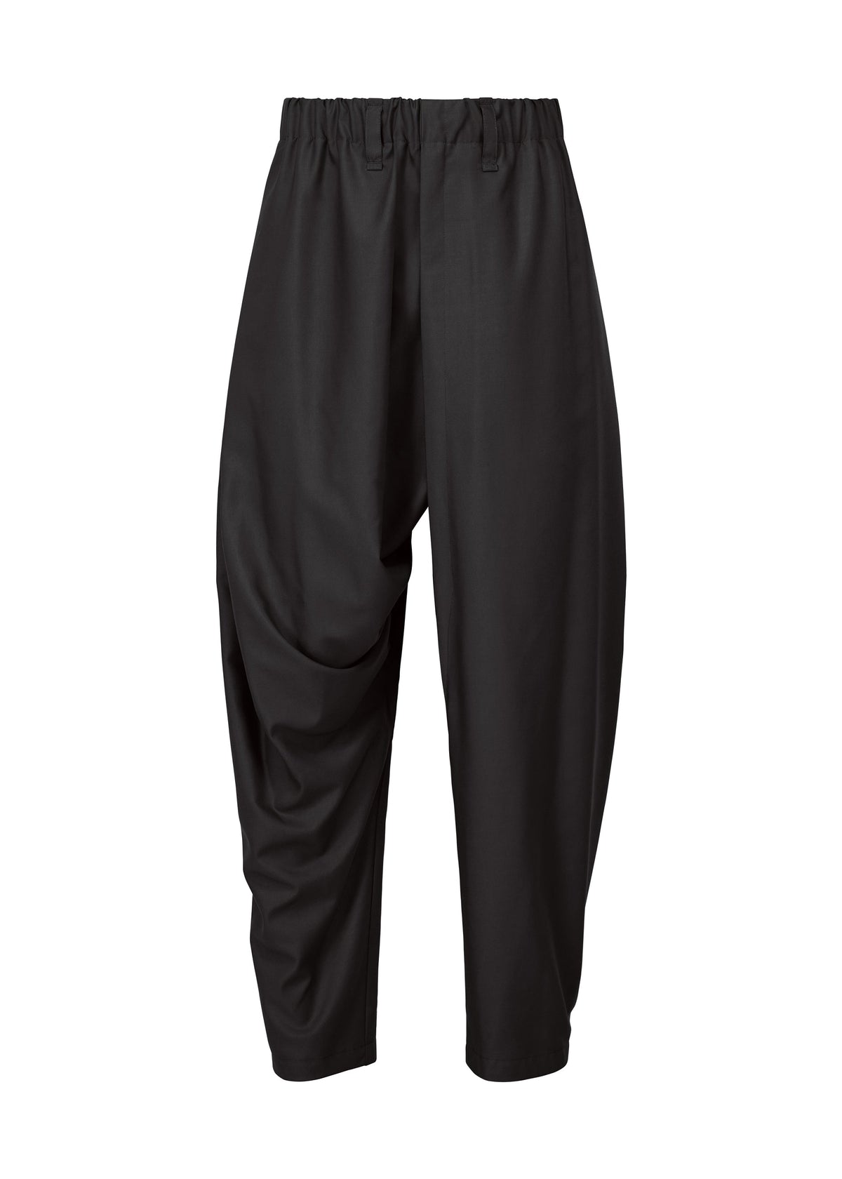 The IM MEN SWING BLACK harem pants feature a loose silhouette, gathered elastic waistband, and slightly tapered legs. Made from wrinkle-resistant fabric, these black pants are shown on a white background. view 1 of 7