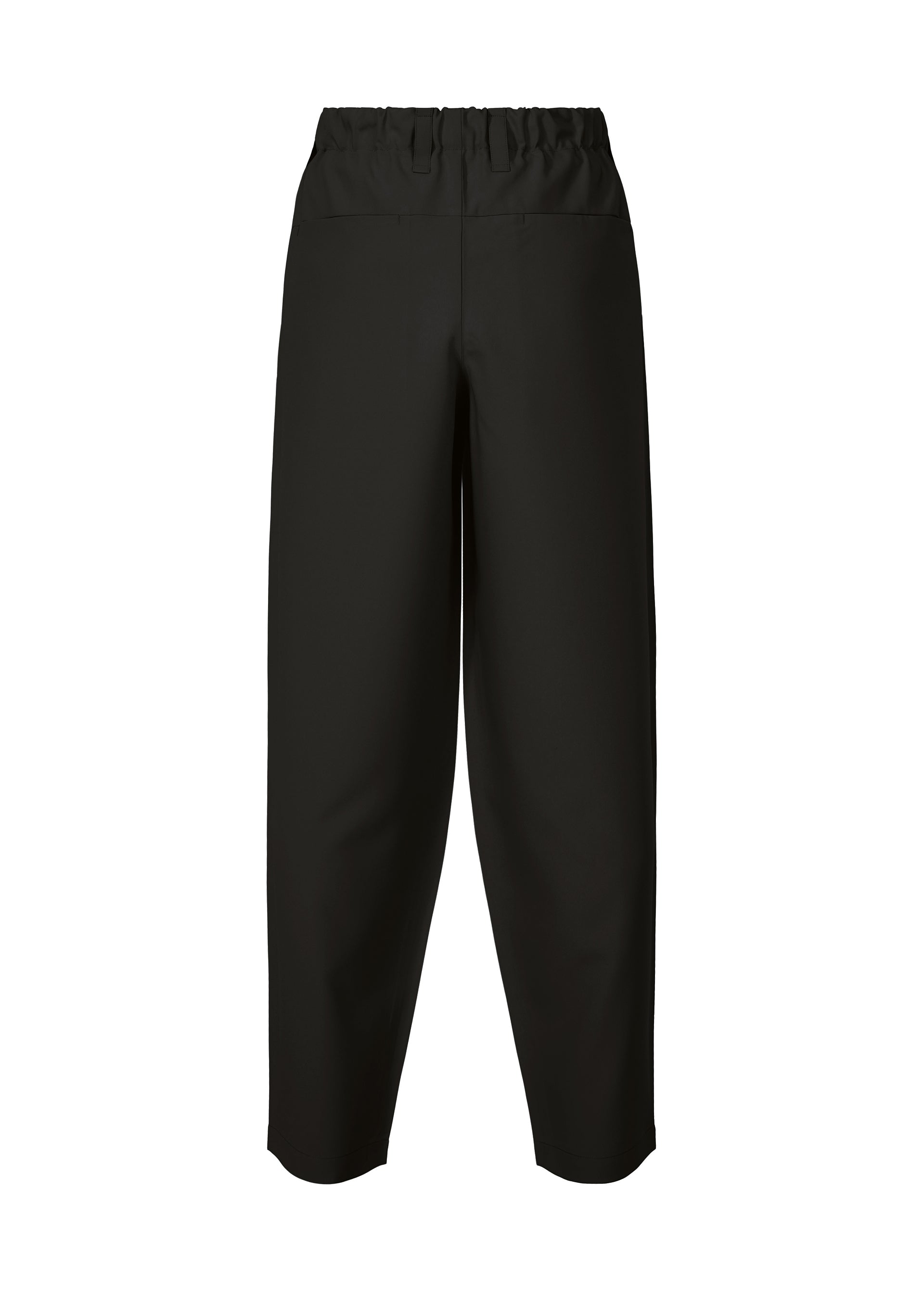 Zoomed view IM MEN FLAT BLACK high-waisted, straight-leg pants with an elastic waistband and wrinkle-resistant fabric, shown from the back on a white background.
