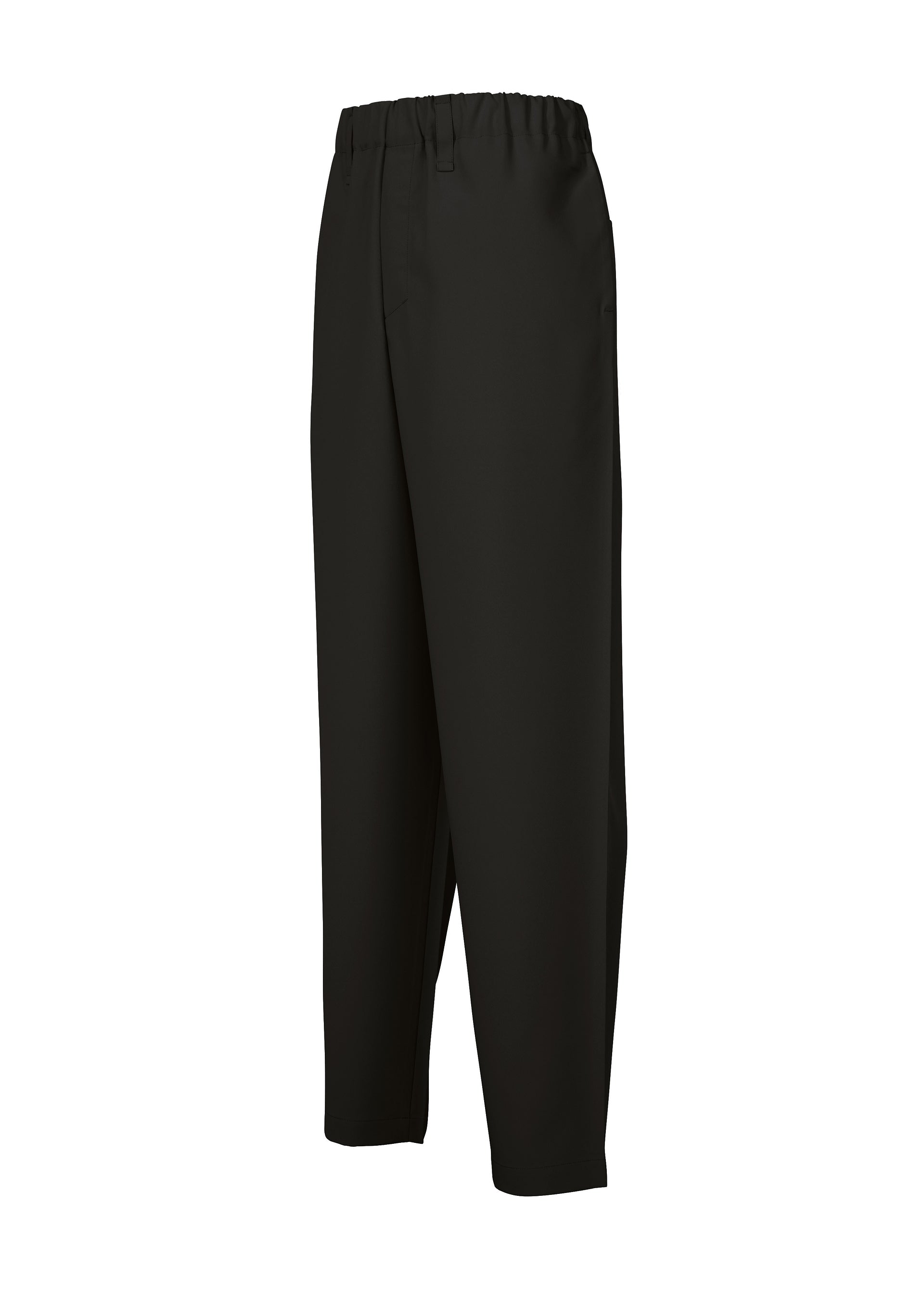 Zoomed view IM MEN’s FLAT BLACK pants are loose-fitting, wrinkle-resistant, and feature an elastic waistband. Made of smooth fabric in a relaxed, straight-leg style, they’re easy to fold for compact storage and ideal for daily wear. Shown on a white background.
