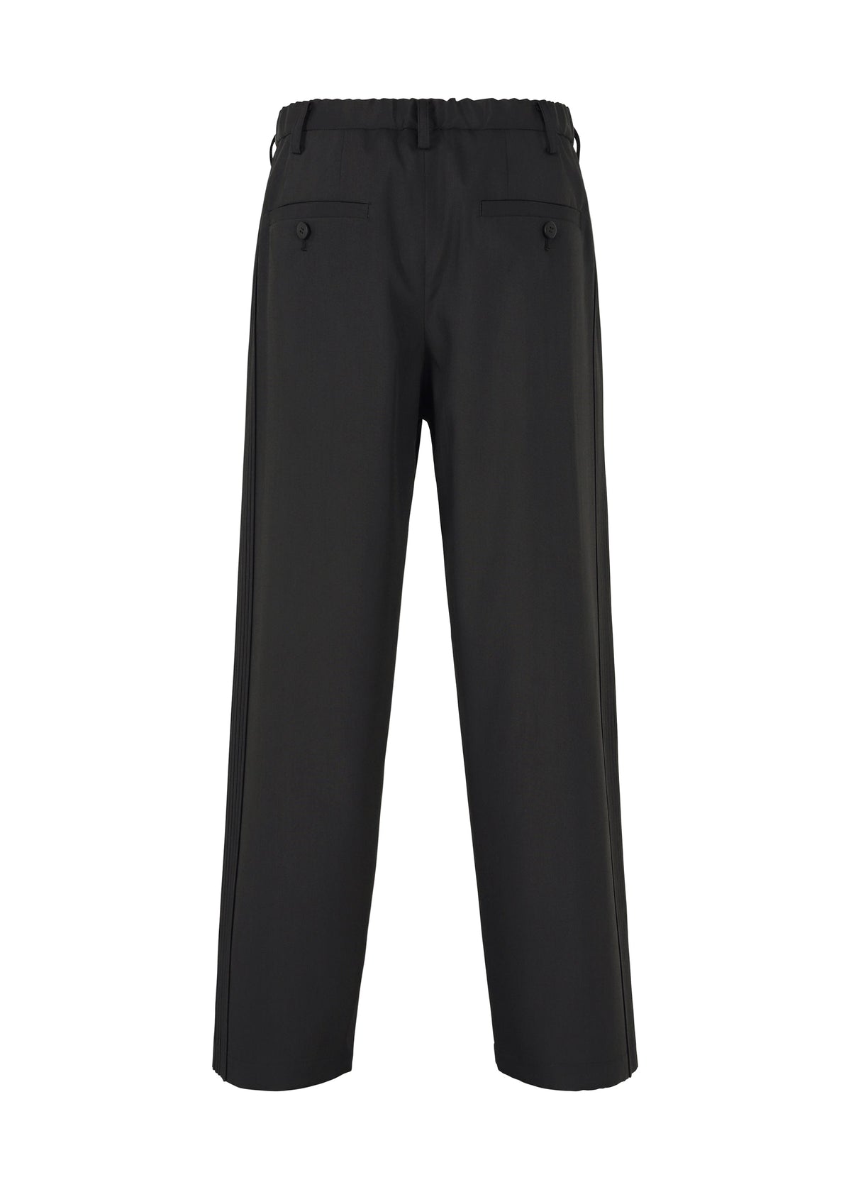 IM MEN's AIR PLEATS BLACK pants offer a loose fit for ease of movement, with two buttoned back pockets and belt loops around the waistband, viewed from the back. view 2 of 7