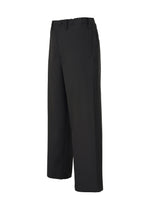 The IM MEN AIR PLEATS BLACK are wide-leg black trousers with subtle side stripes, belt loops, side pockets, and a front button-zip closure. Lightweight and wrinkle-resistant for comfort and ease of movement. Shown on a white background.