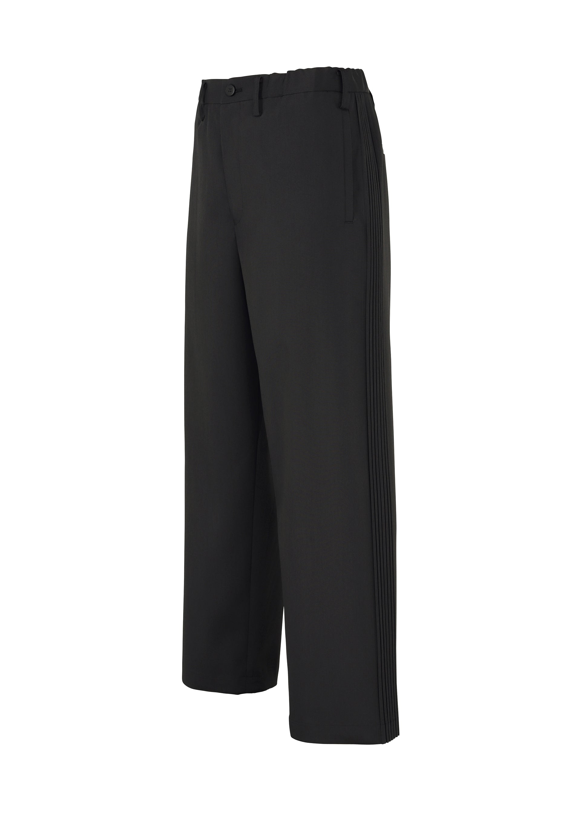 Zoomed view The IM MEN AIR PLEATS BLACK are wide-leg black trousers with subtle side stripes, belt loops, side pockets, and a front button-zip closure. Lightweight and wrinkle-resistant for comfort and ease of movement. Shown on a white background.