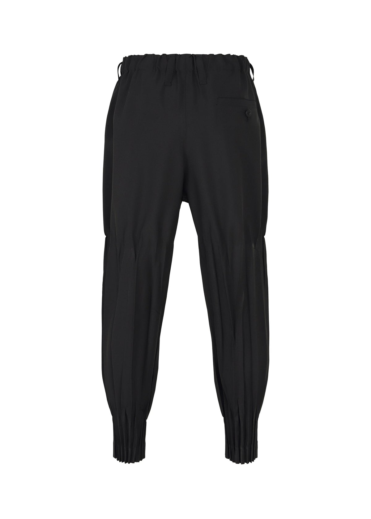 The IM MEN WAFT BLACK pants feature a tapered fit, wrinkle-resistant fabric, elastic waistband and cuffs, pleated leg details, side pockets, and a buttoned back pocket. Shown against a plain white background. view 2 of 15