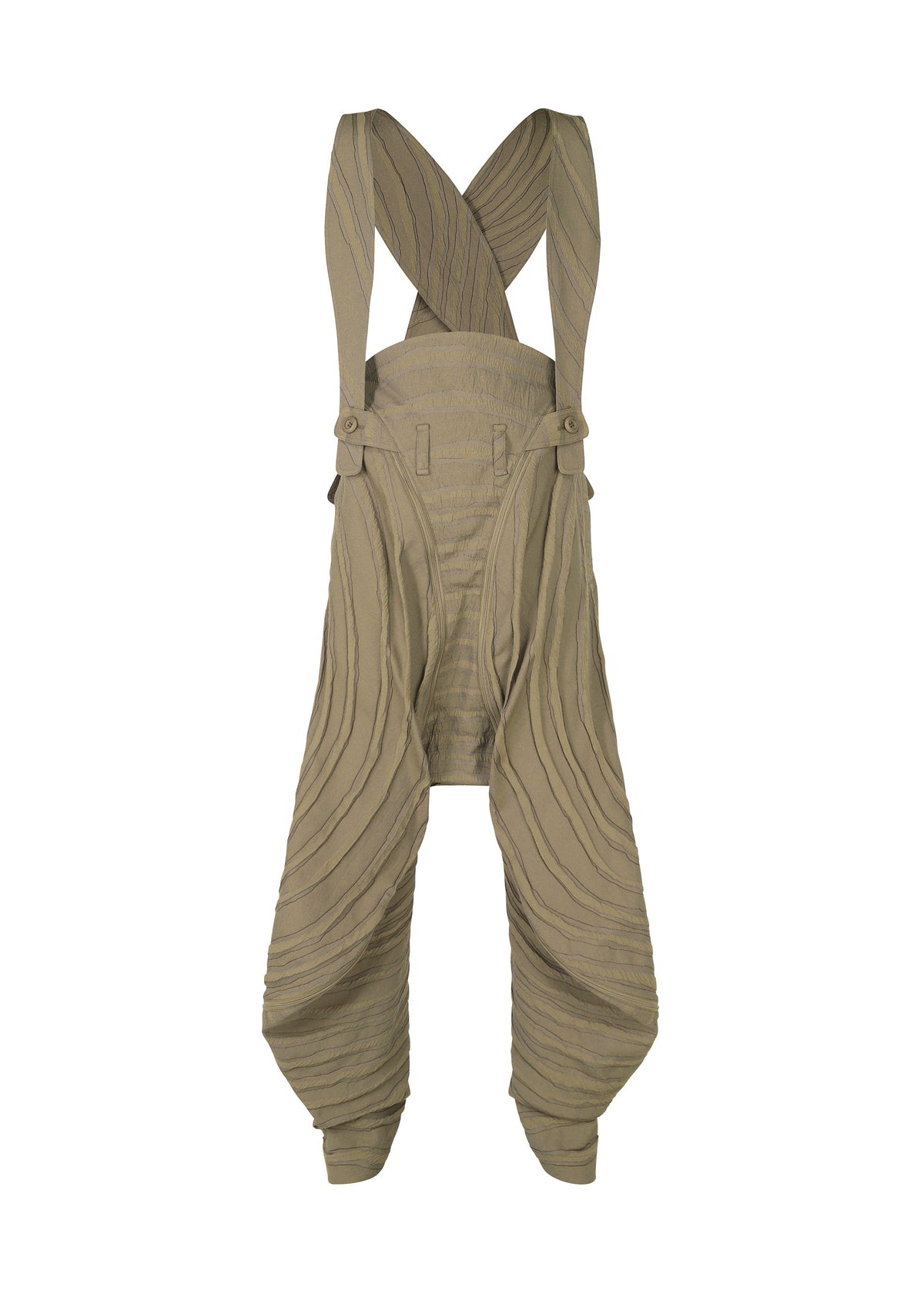 The ENGRAVE pants by IM MEN feature a khaki color, Shoji Kamoda-inspired wide sculpted legs, textured horizontal pleats, and crisscrossed back suspenders for an avant-garde and artfully dimensional look. view 2 of 8