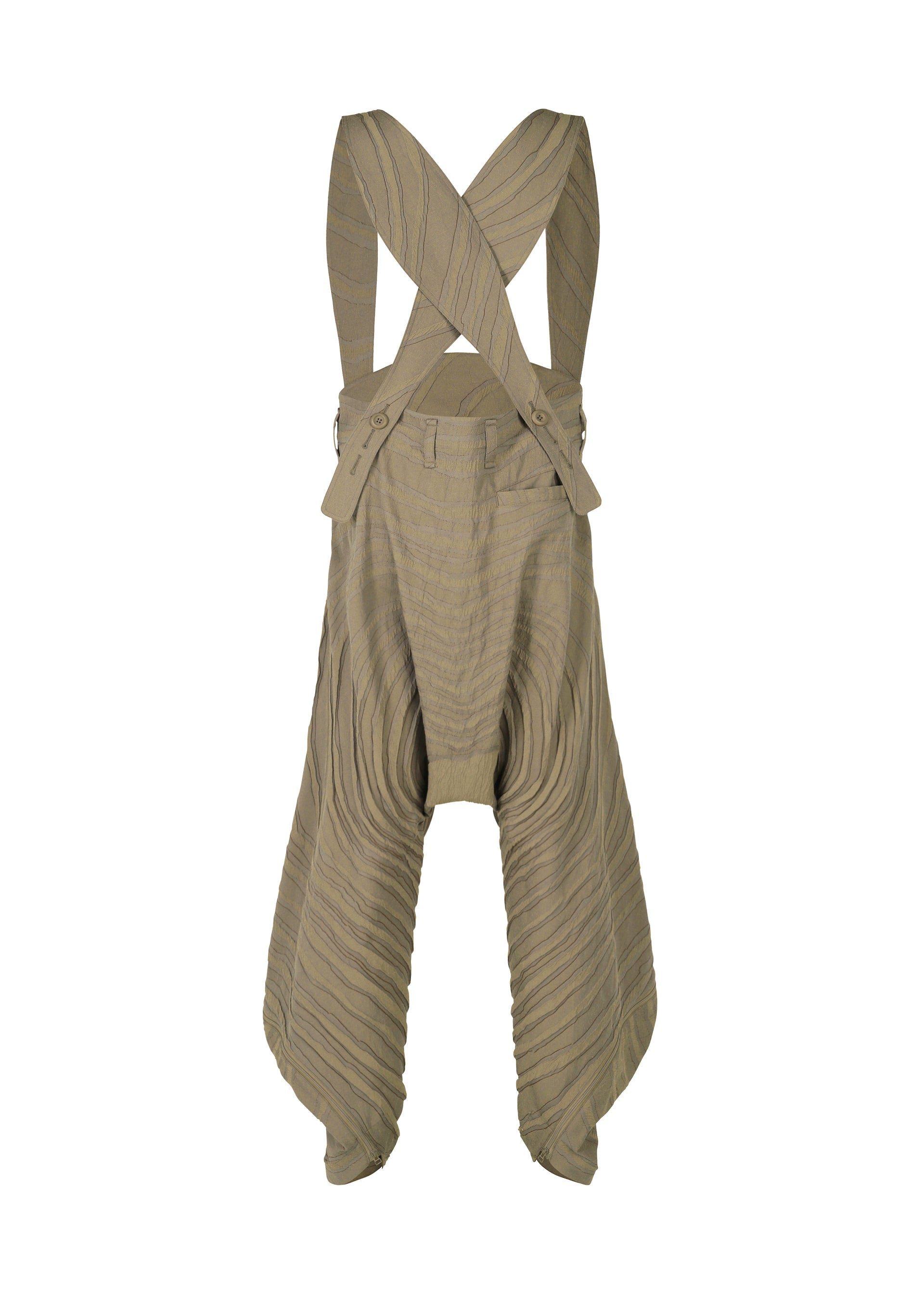 Zoomed view ENGRAVE by IM MEN: Khaki pleated pants with exaggerated wide legs, a dropped crotch, thick crisscrossed shoulder straps, and a textured layered design inspired by Shoji Kamoda.